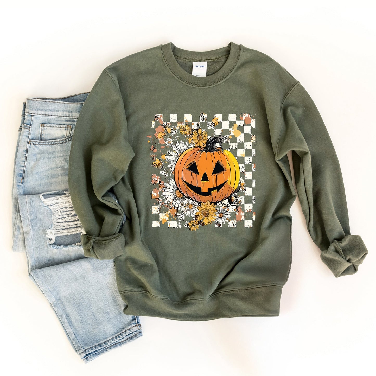 Carved Pumpkin Checkered Floral -  Womens Sweatshirt