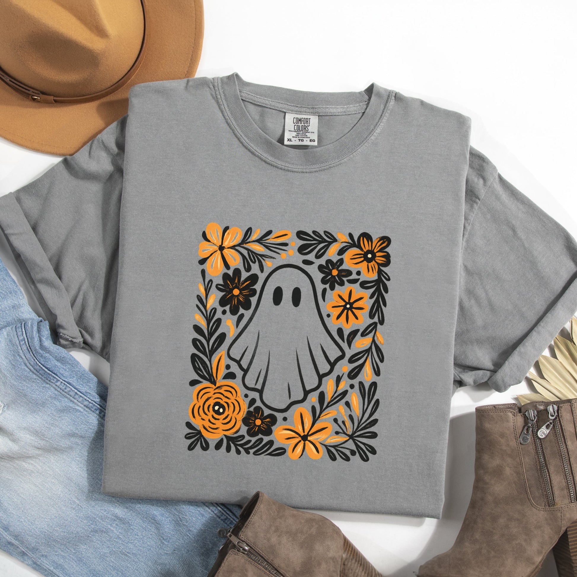 Ghost Floral Orange - Womens Garment Dyed Tee
