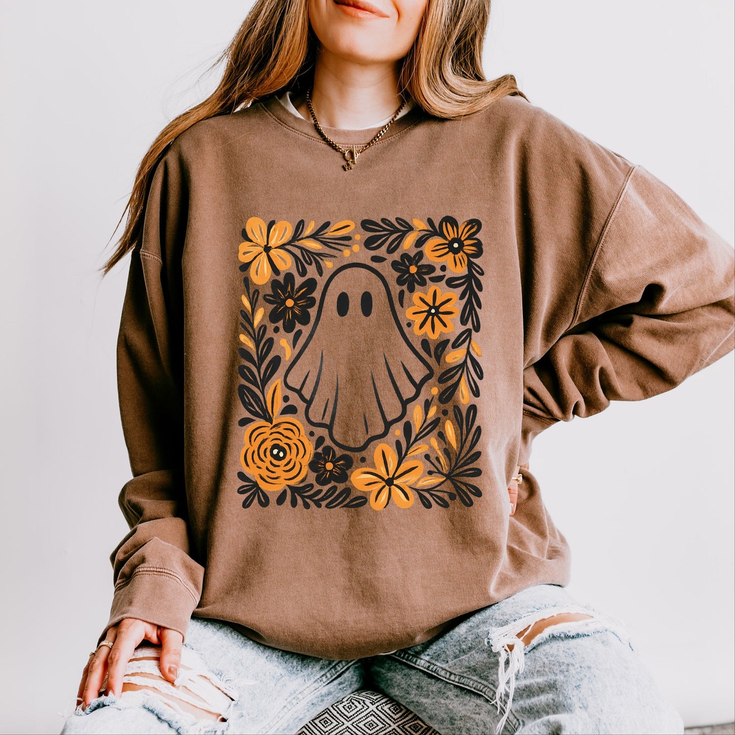 Ghost Floral Orange - Women's Lightweight Garment Dyed Sweatshirt
