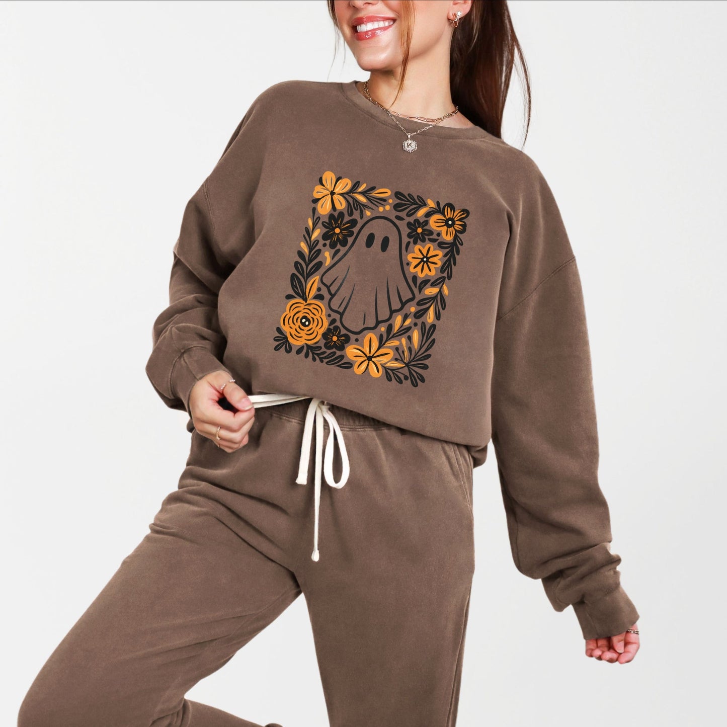 Ghost Floral Orange - Womens Lightweight Garment Dyed Sweatshirt