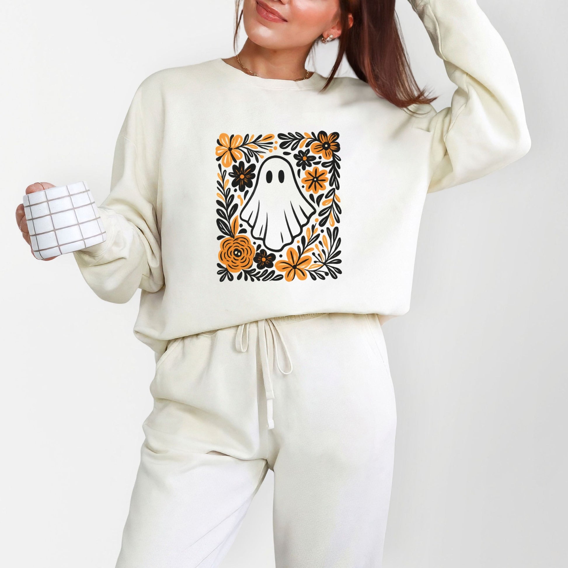 Ghost Floral Orange - Womens Lightweight Garment Dyed Sweatshirt