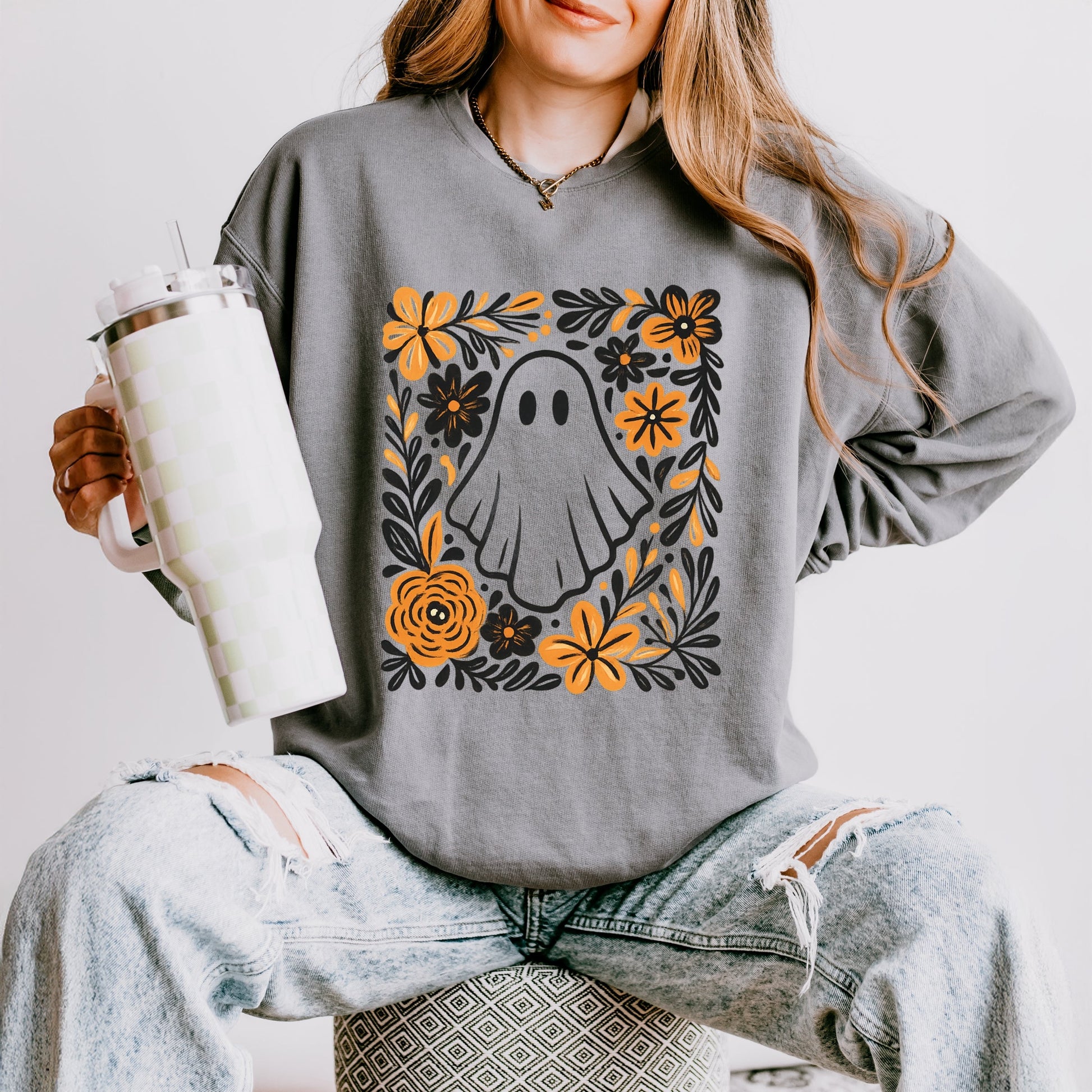 Ghost Floral Orange - Womens Lightweight Garment Dyed Sweatshirt