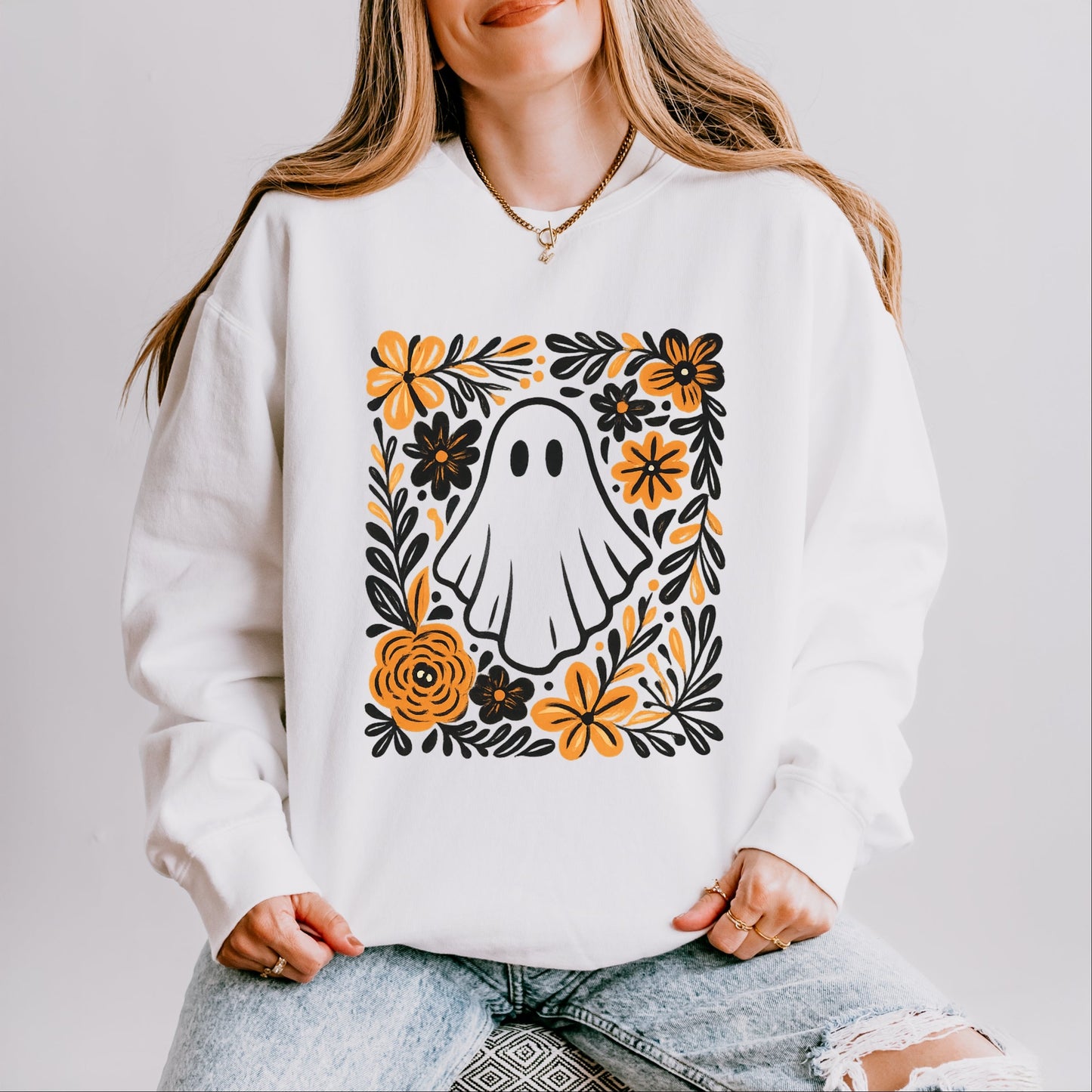 Ghost Floral Orange - Women's Lightweight Garment Dyed Sweatshirt