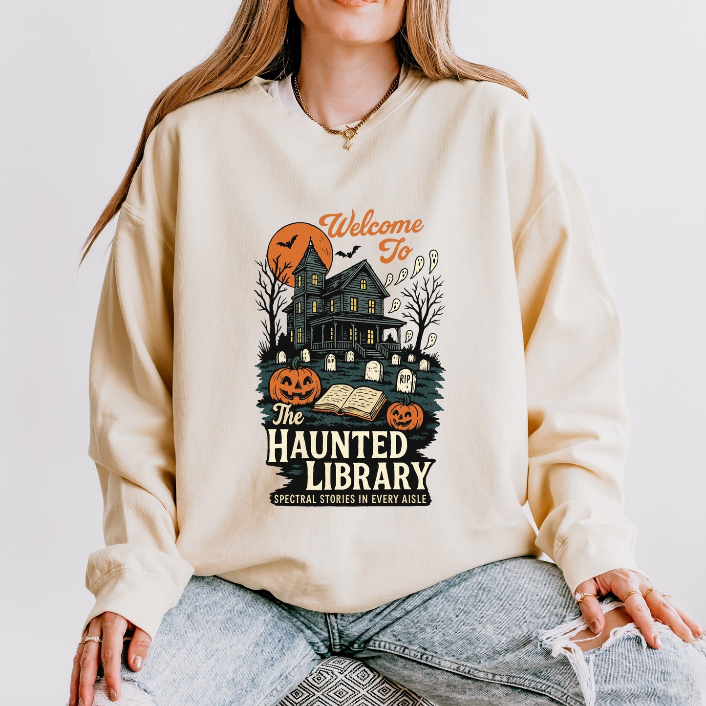 The Haunted Library - Womens Lightweight Garment Dyed Sweatshirt