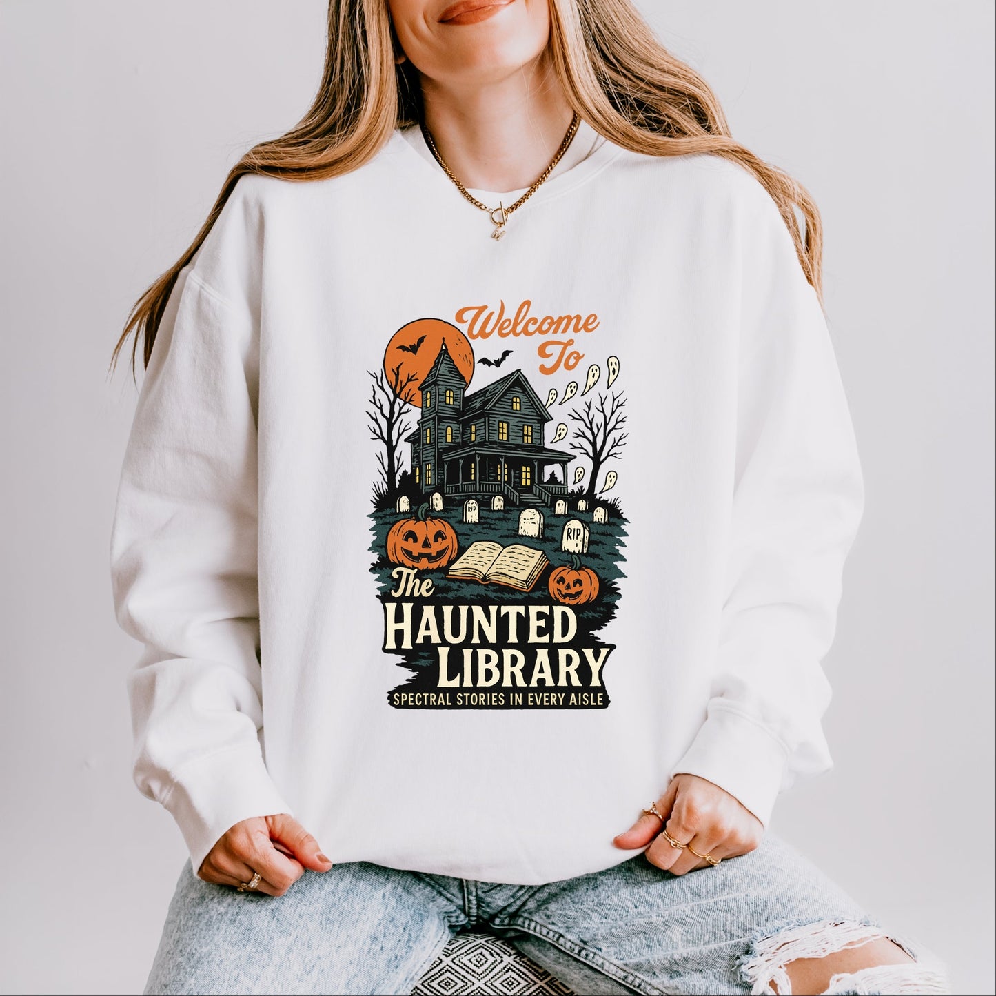 The Haunted Library - Womens Lightweight Garment Dyed Sweatshirt