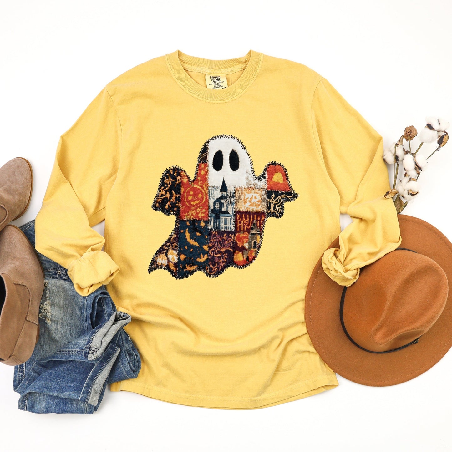 Patchwork Ghost Printed - Womens Garment Dyed Long Sleeve