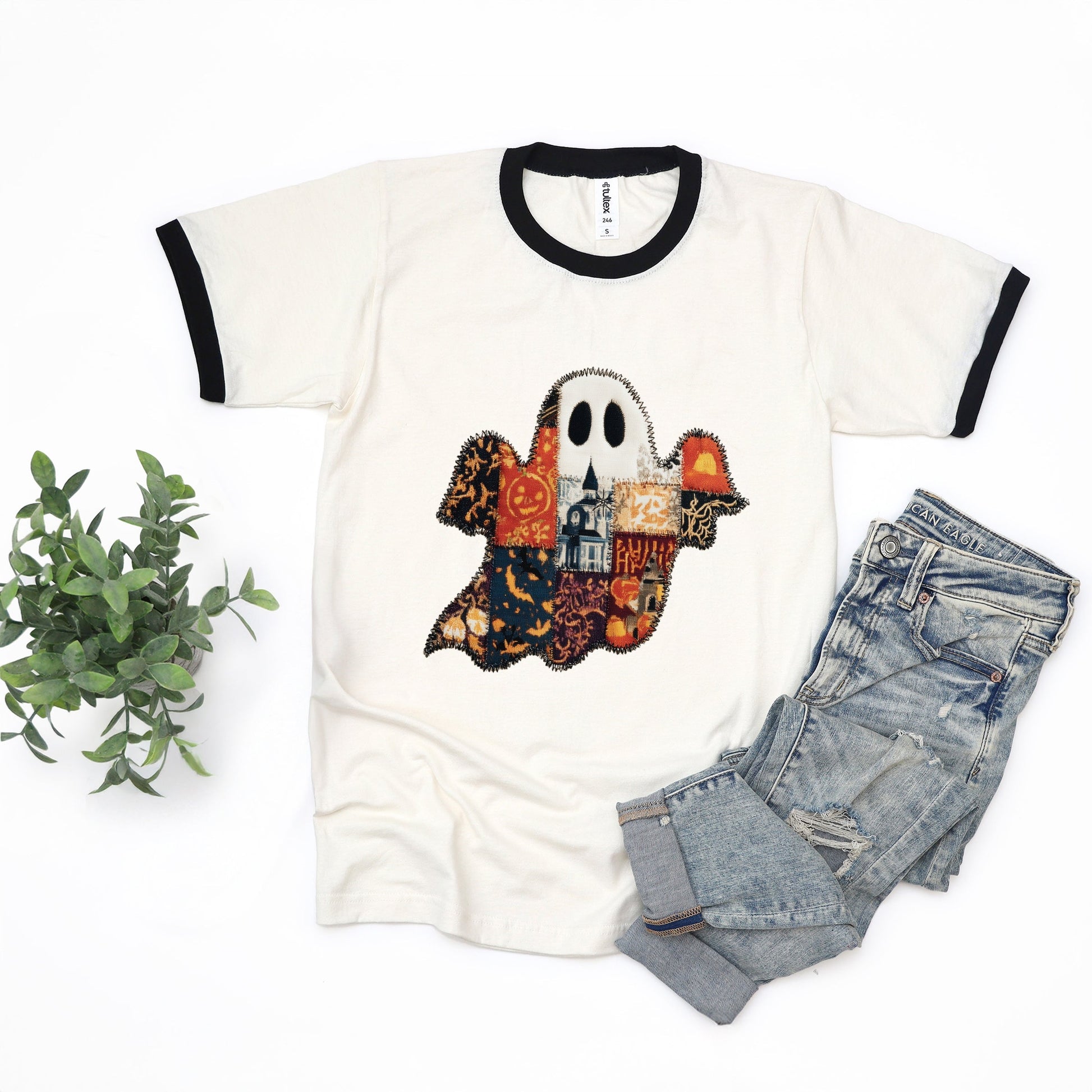 Patchwork Ghost Printed - Womens Ringer Tee