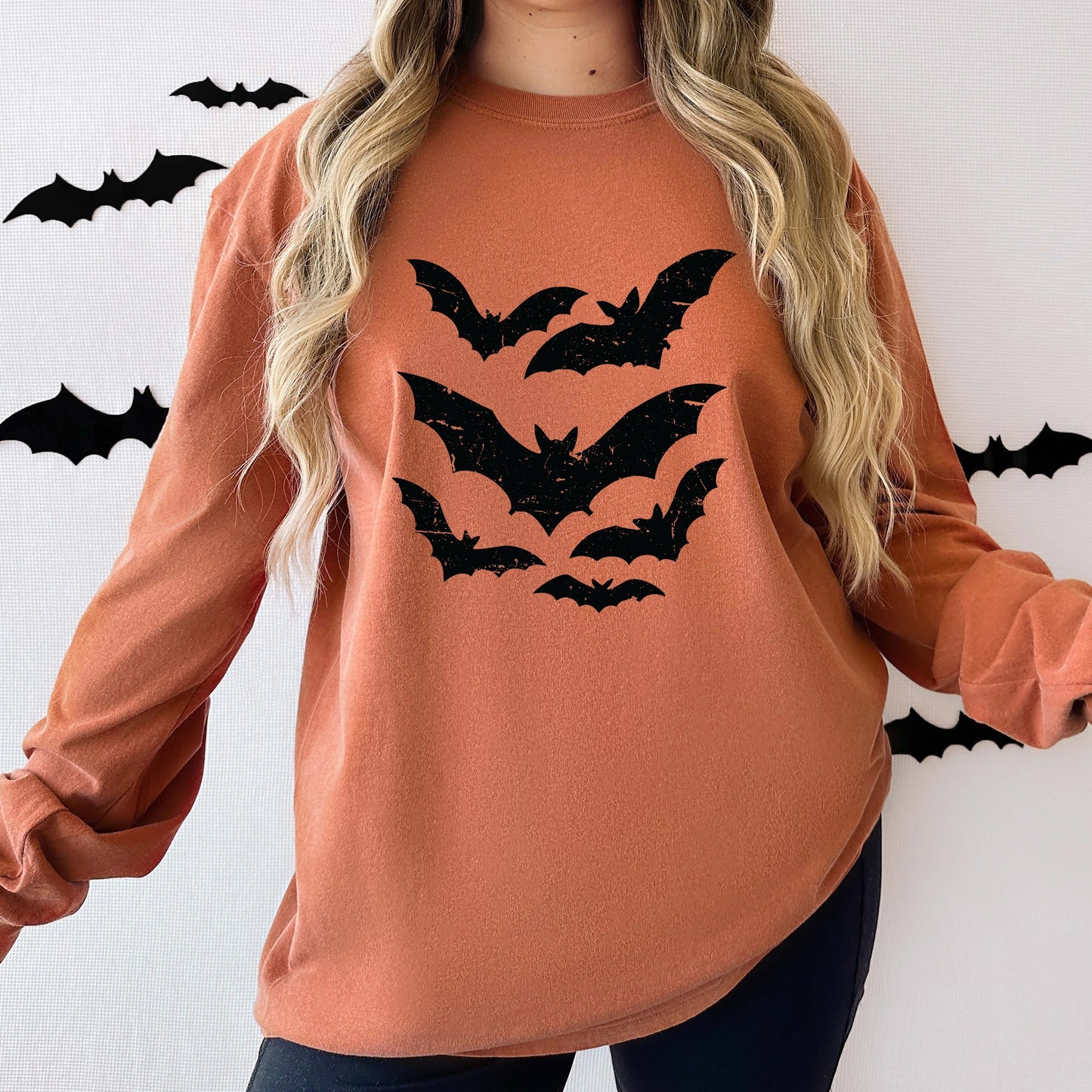 Halloween Bats Distressed - Womens Garment Dyed Long Sleeve