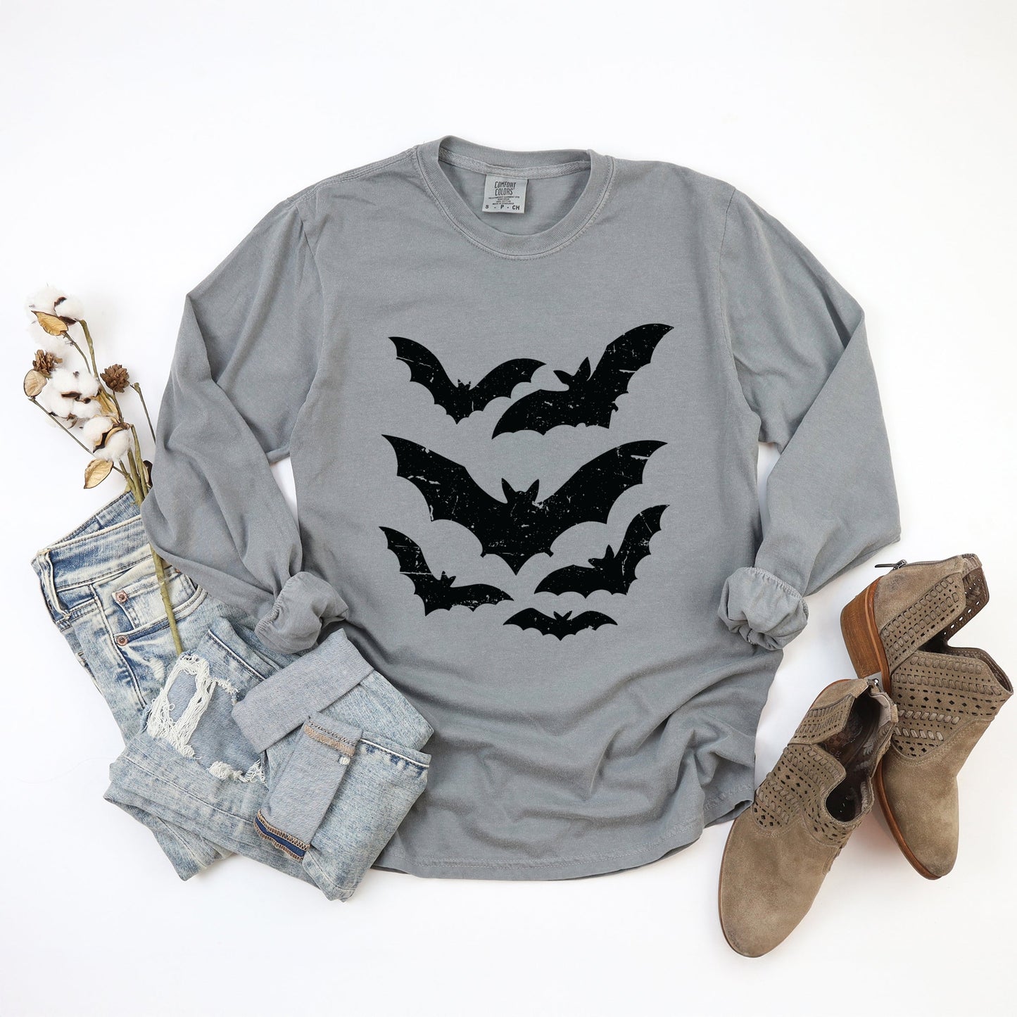 Halloween Bats Distressed - Womens Garment Dyed Long Sleeve
