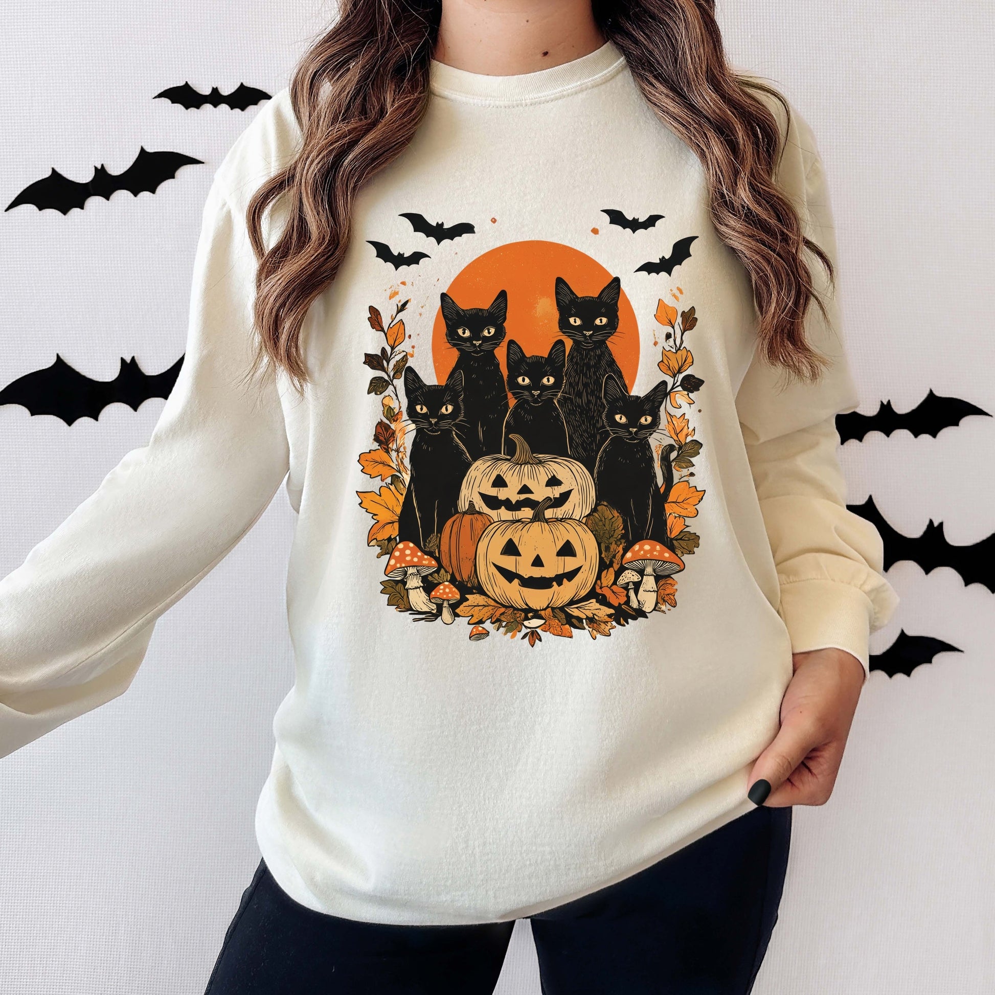 Black Cats Pumpkin Vintage - Womens Garment Dyed Long Sleeve