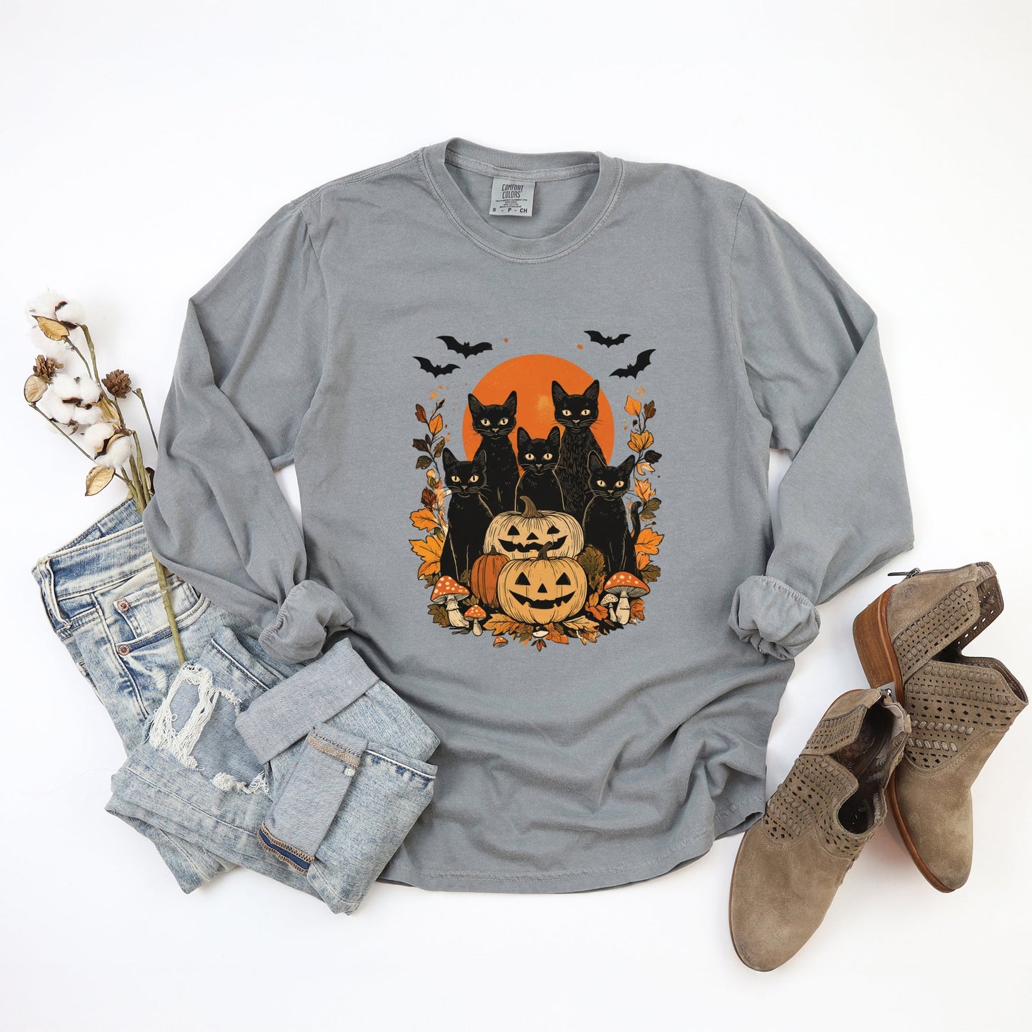 Black Cats Pumpkin Vintage - Womens Garment Dyed Long Sleeve