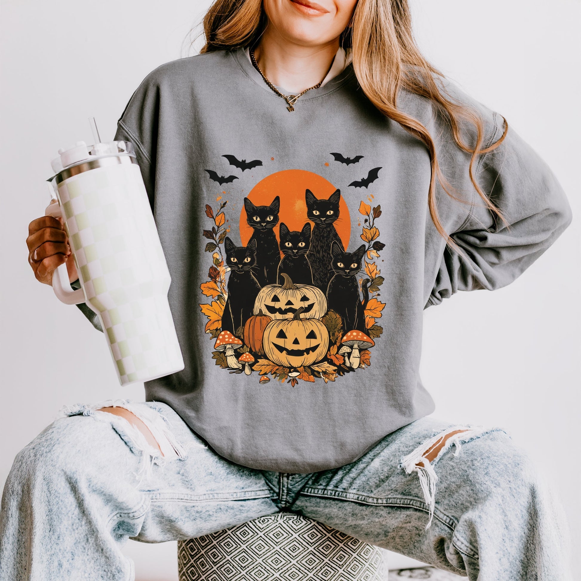 Black Cats Pumpkin Vintage - Womens Lightweight Garment Dyed Sweatshirt