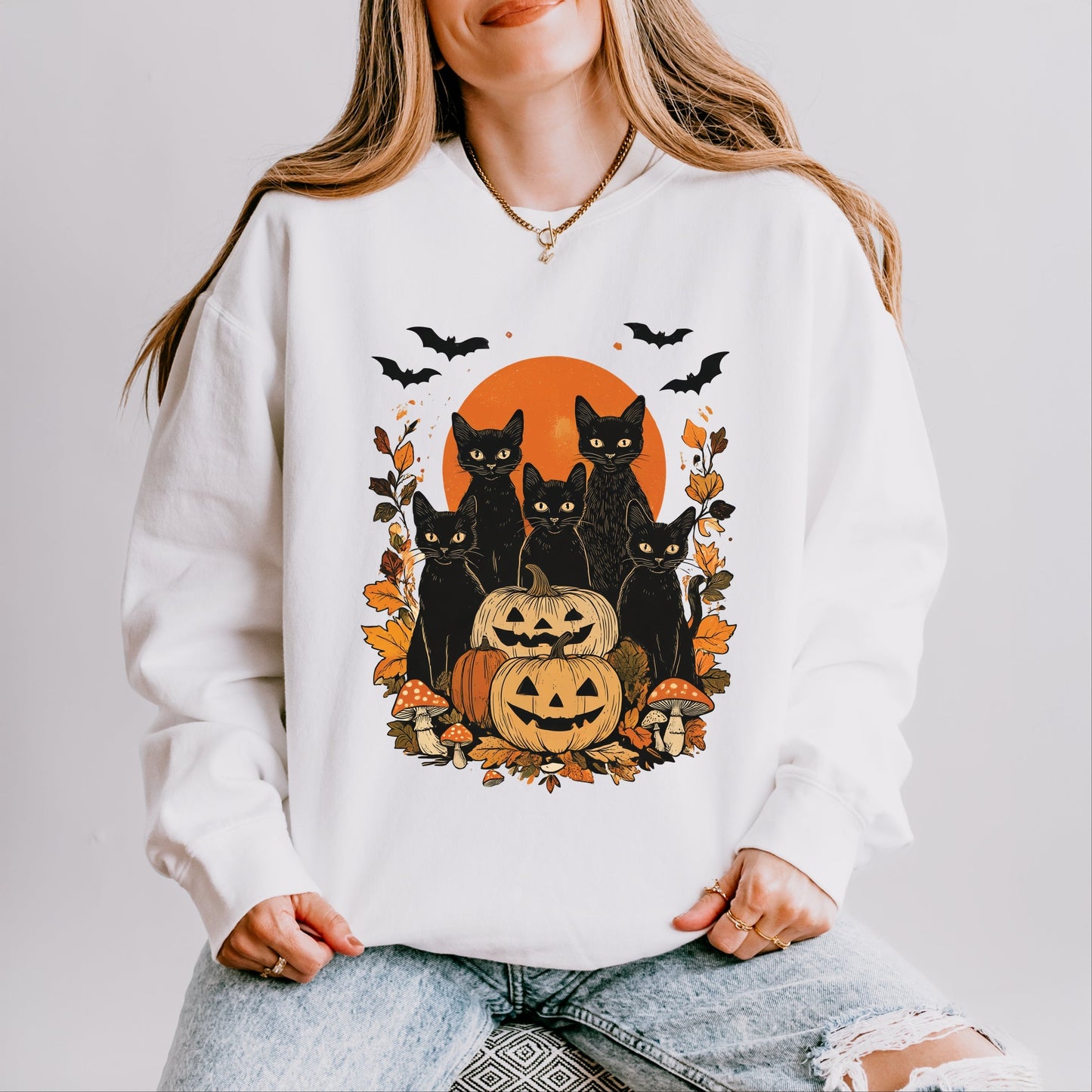 Black Cats Pumpkin Vintage - Womens Lightweight Garment Dyed Sweatshirt