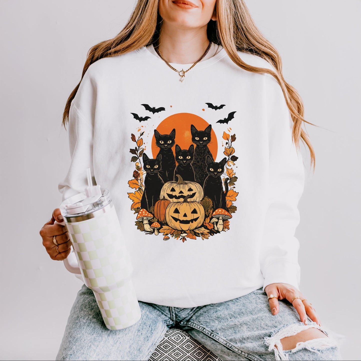 Black Cats Pumpkin Vintage - Womens Lightweight Garment Dyed Sweatshirt