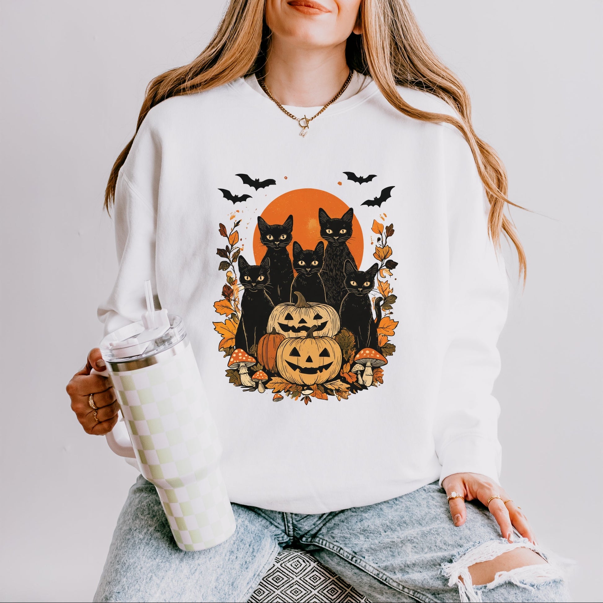 Black Cats Pumpkin Vintage - Womens Lightweight Garment Dyed Sweatshirt
