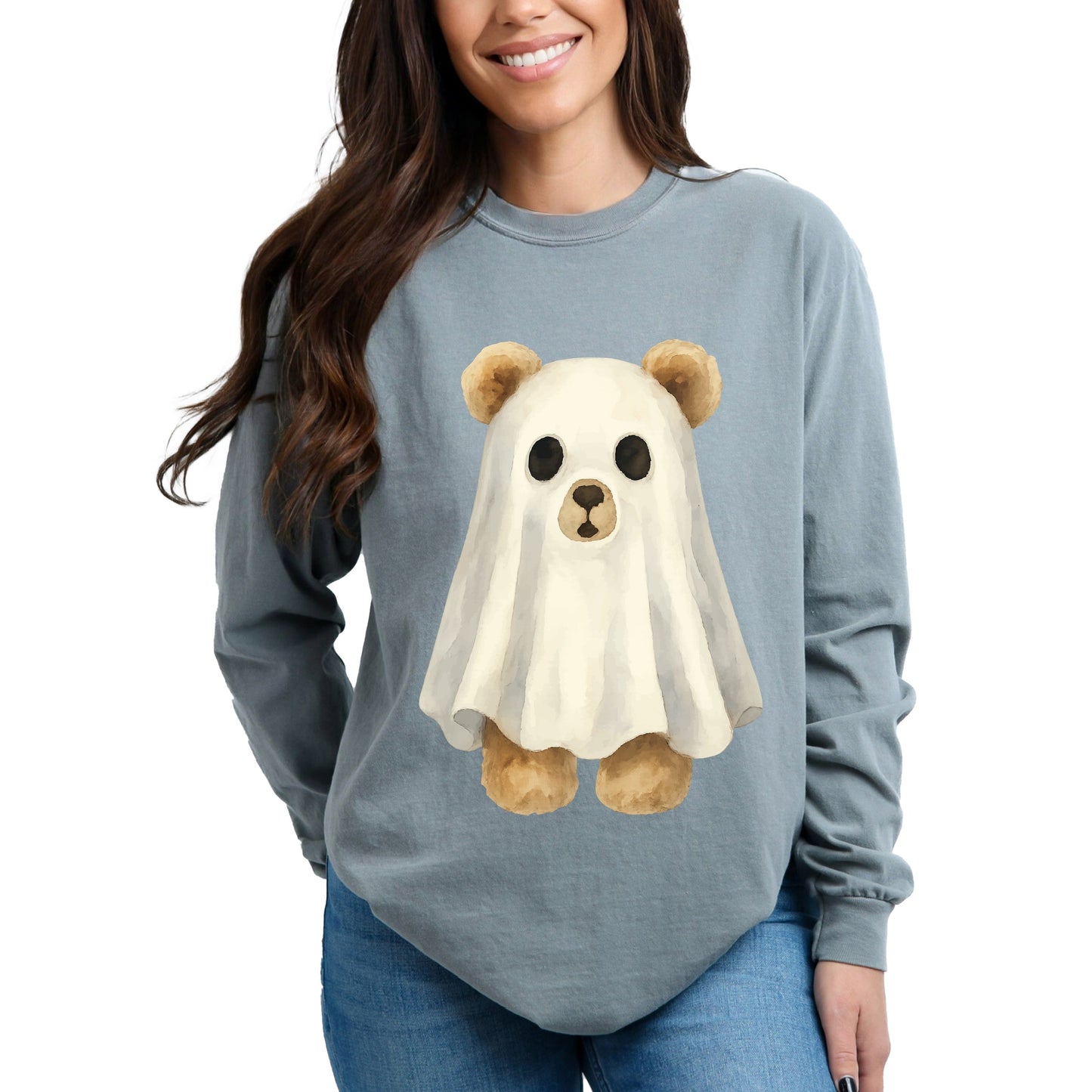 Watercolor Ghost Bear - Womens Garment Dyed Long Sleeve