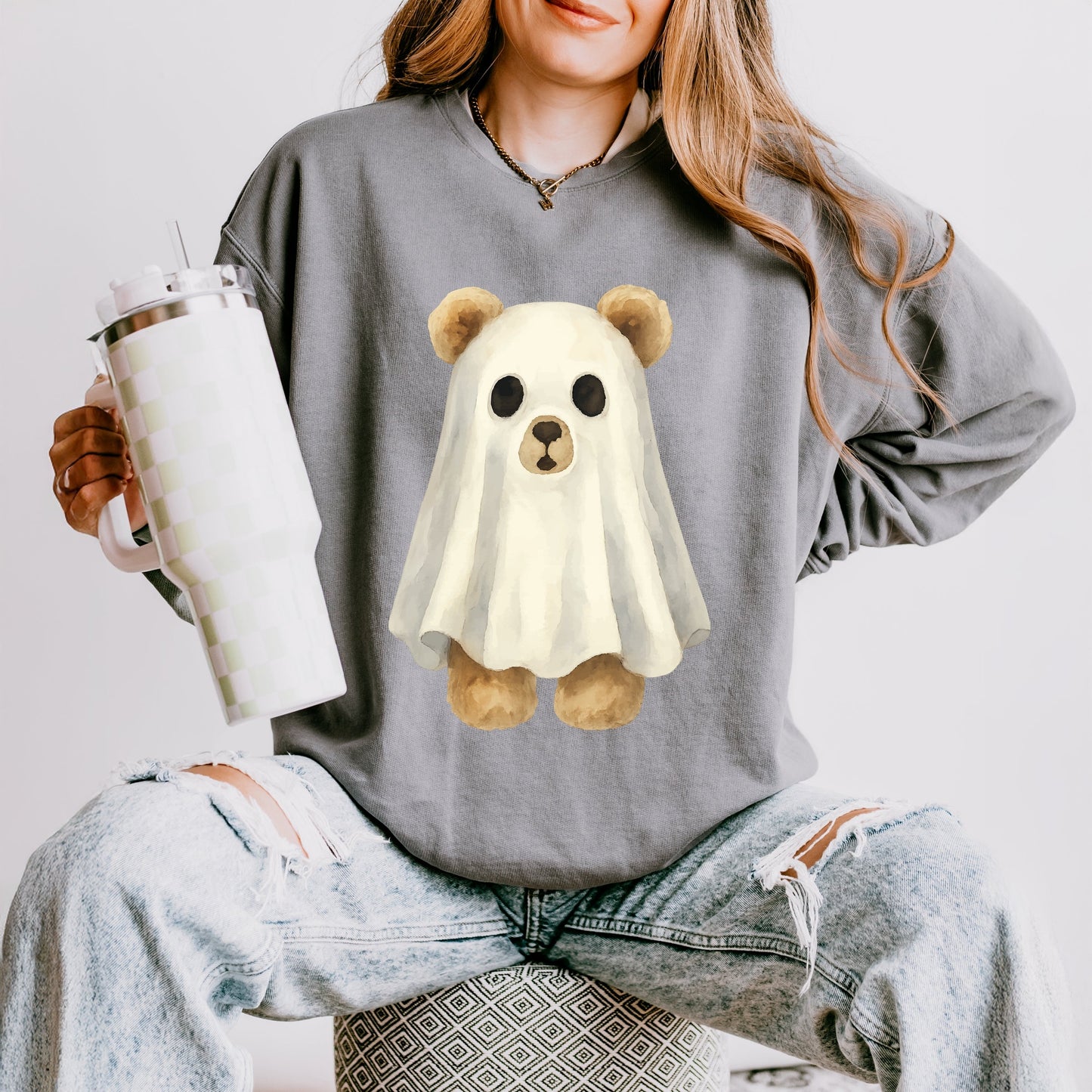 Watercolor Ghost Bear - Womens Lightweight Garment Dyed Sweatshirt