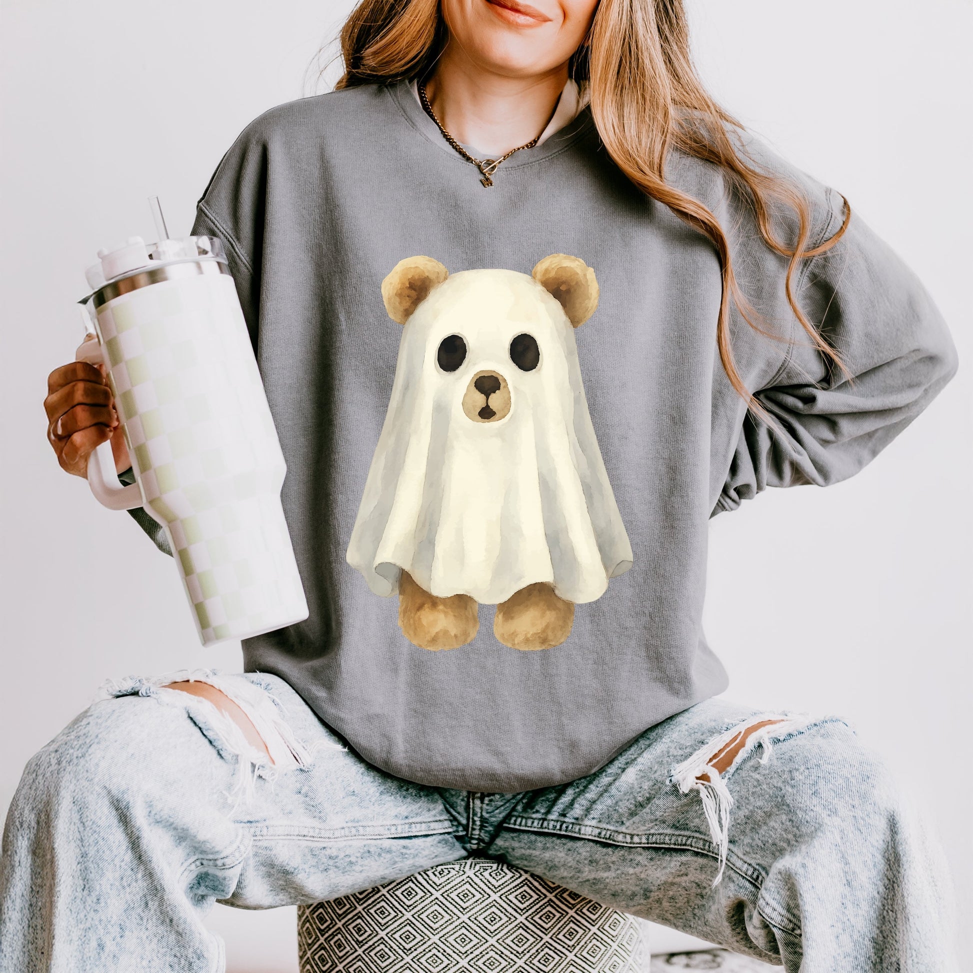 Watercolor Ghost Bear - Womens Lightweight Garment Dyed Sweatshirt