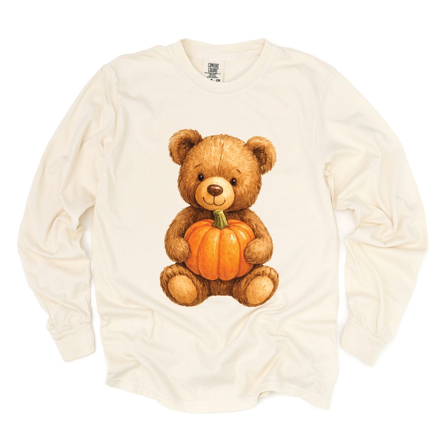 Watercolor Pumpkin Bear - Womens Garment Dyed Long Sleeve