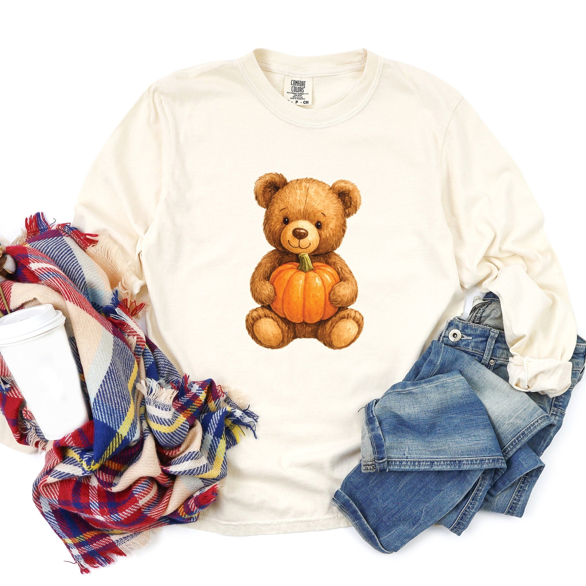 Watercolor Pumpkin Bear - Womens Garment Dyed Long Sleeve