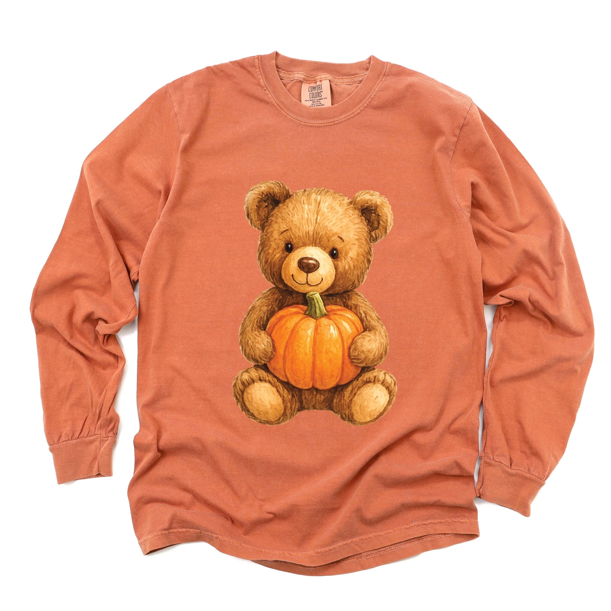 Watercolor Pumpkin Bear - Womens Garment Dyed Long Sleeve