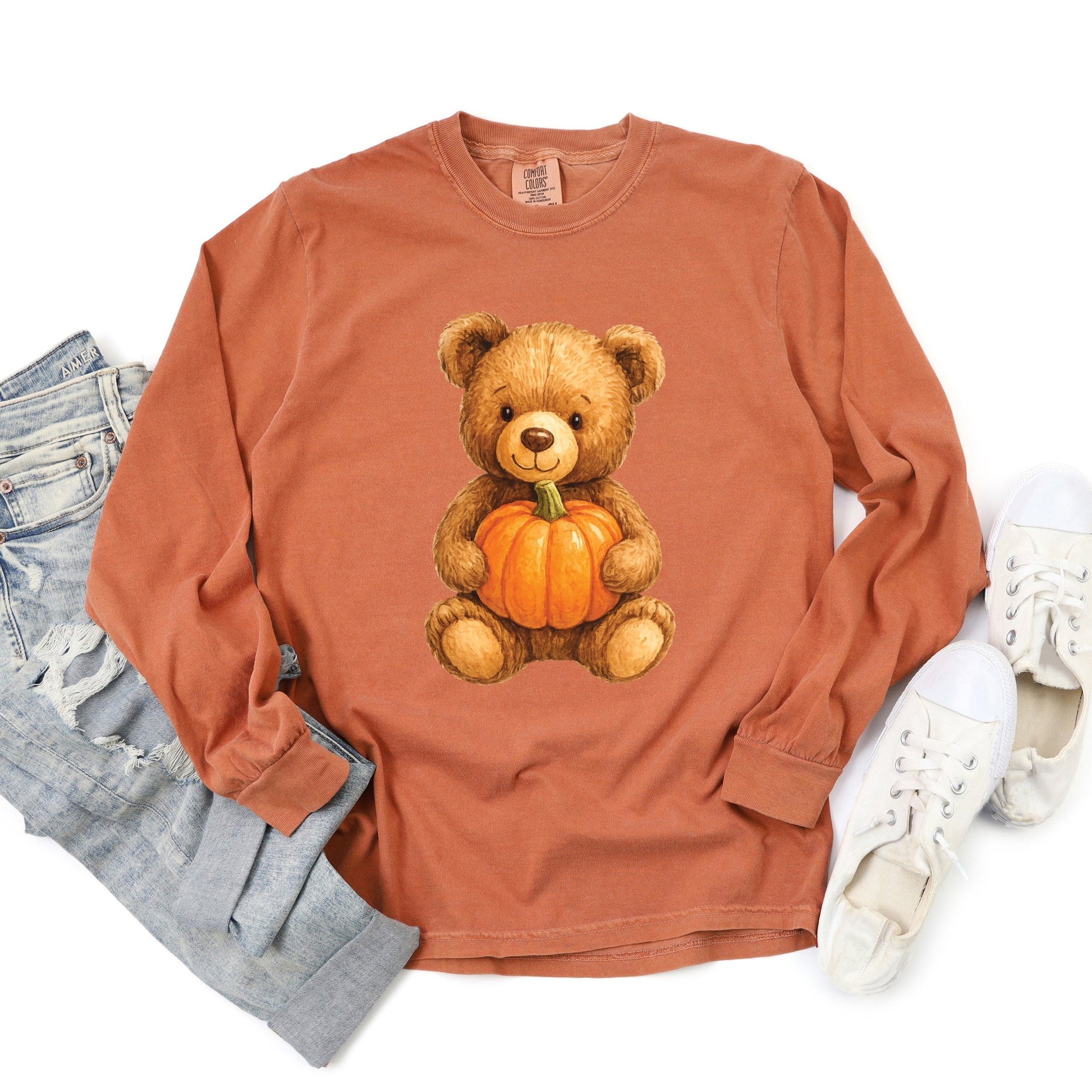 Watercolor Pumpkin Bear - Womens Garment Dyed Long Sleeve