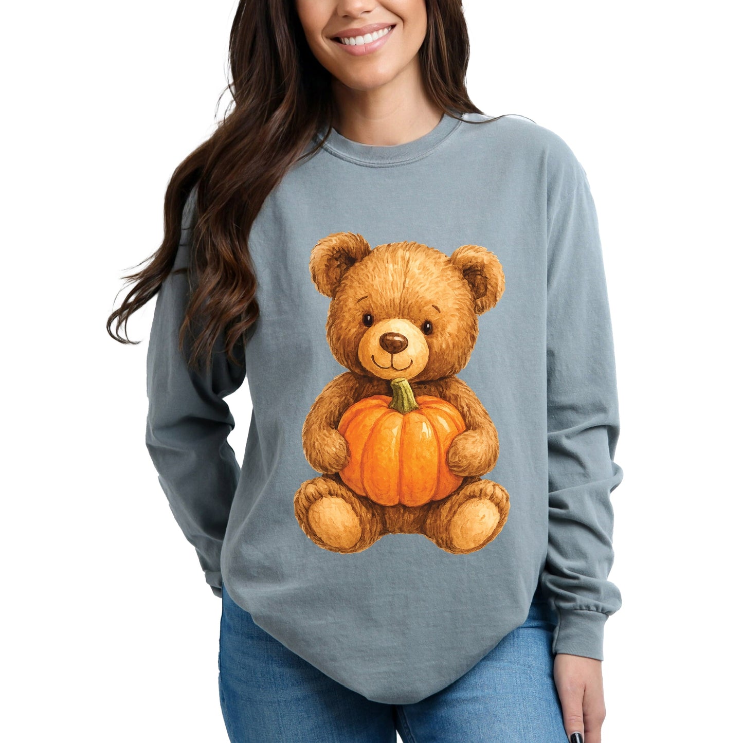 Watercolor Pumpkin Bear - Womens Garment Dyed Long Sleeve