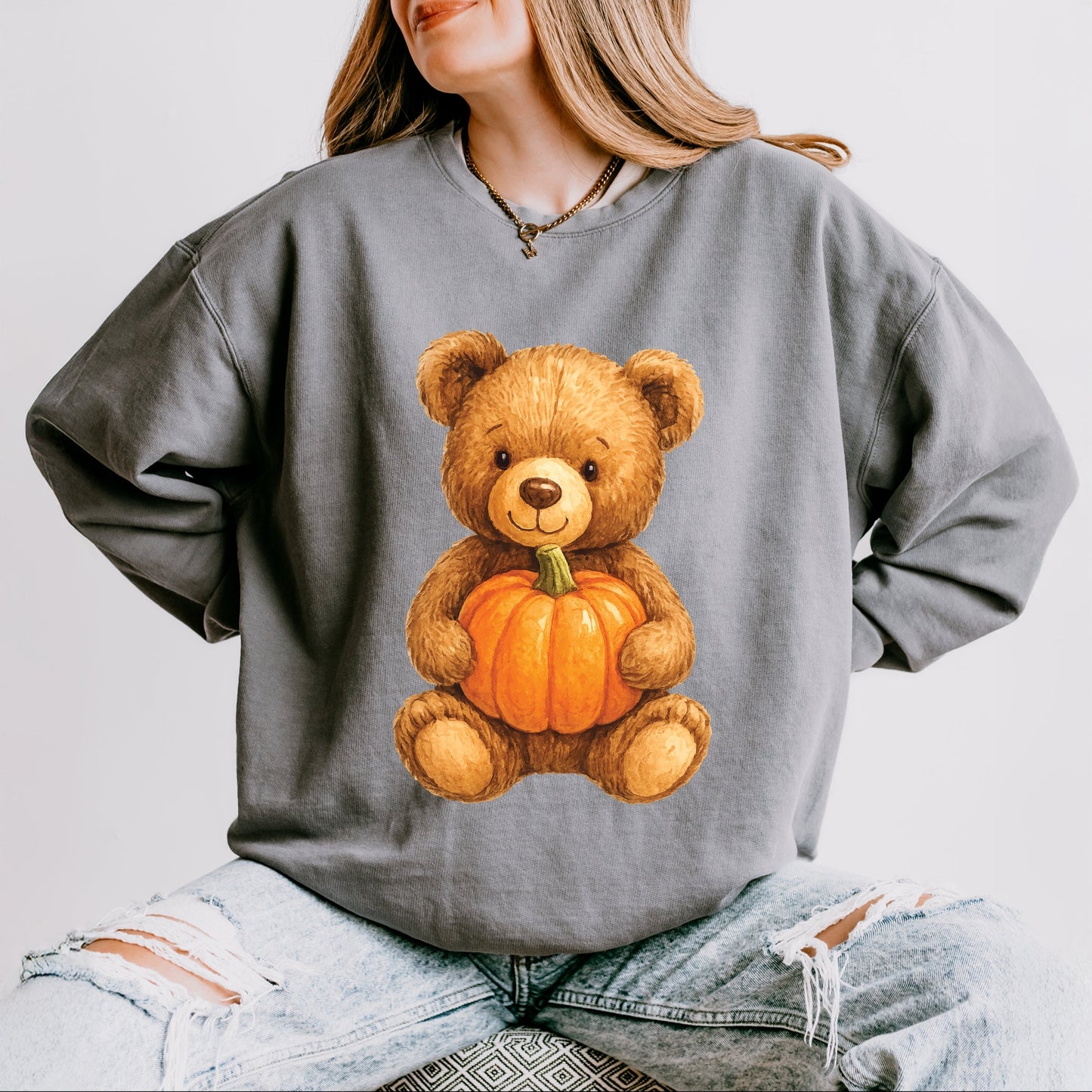 Watercolor Pumpkin Bear - Womens Lightweight Garment Dyed Sweatshirt