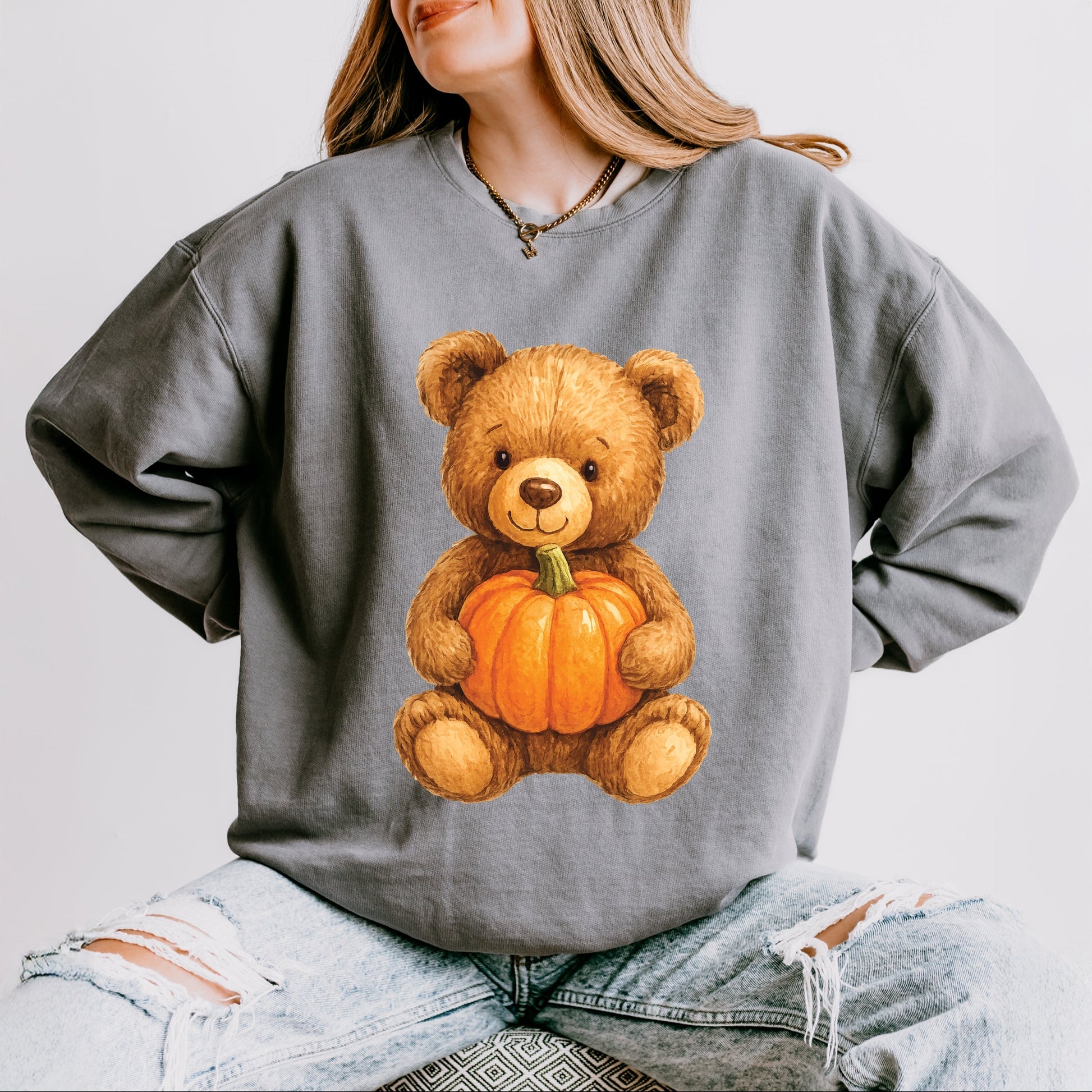 Watercolor Pumpkin Bear - Womens Lightweight Garment Dyed Sweatshirt