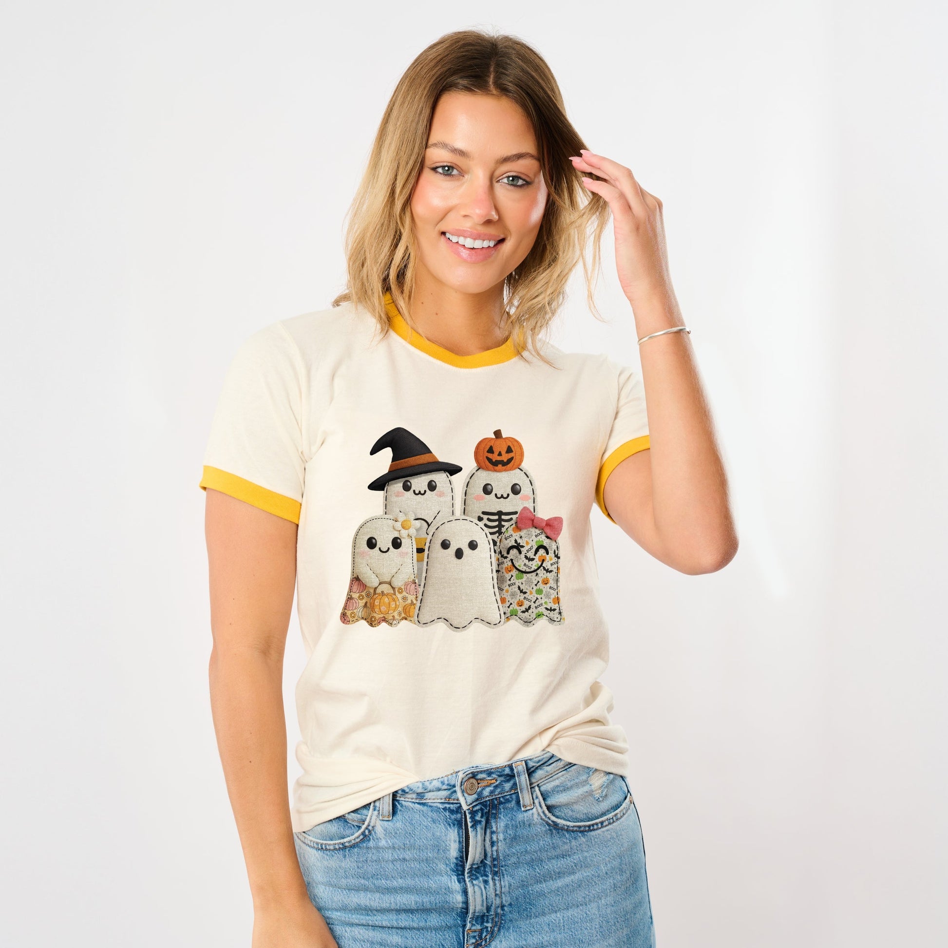 Ghost Family Patchwork Print - Womens Ringer Tee