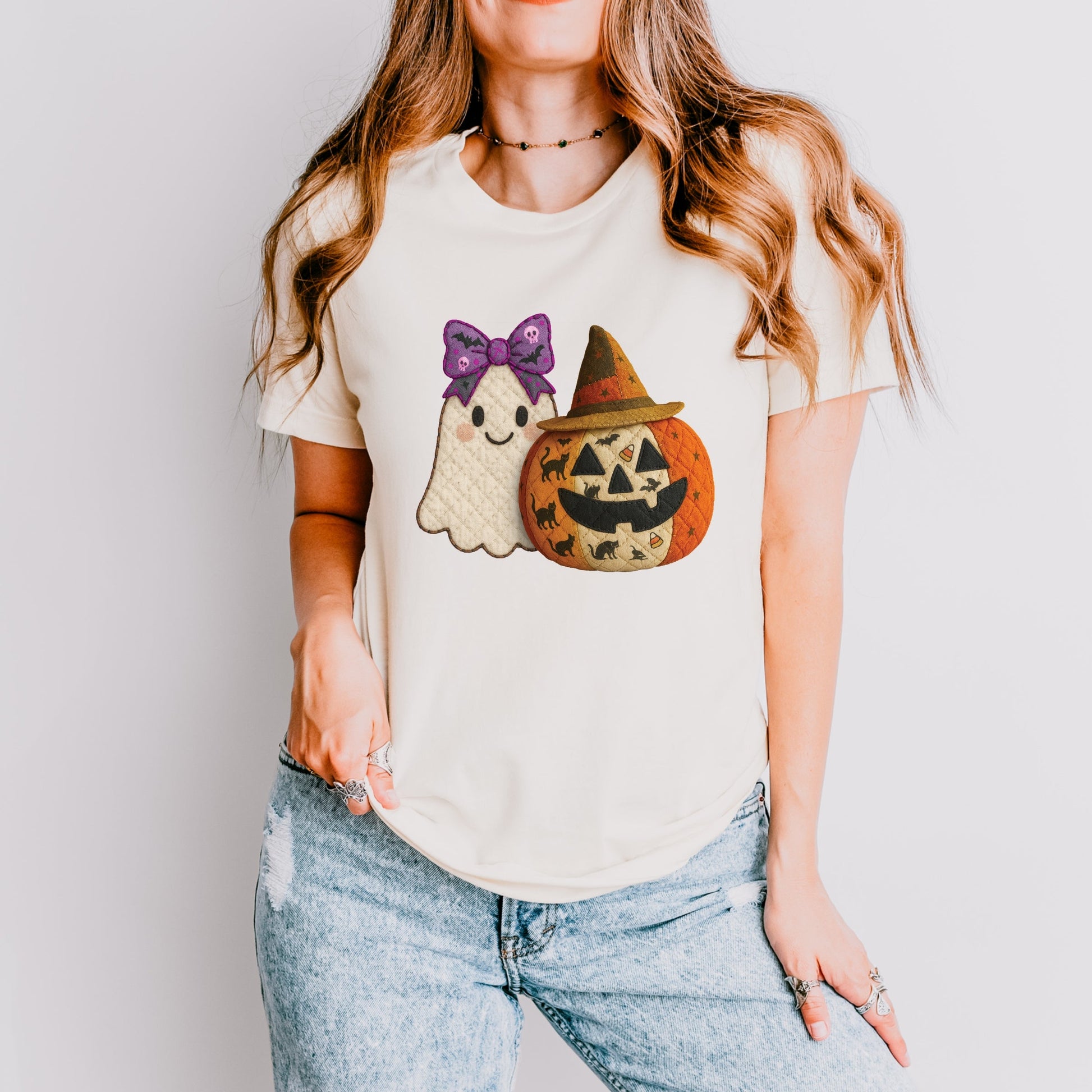 Ghost and Pumpkin Patchwork Print - Womens Short Sleeve Tee