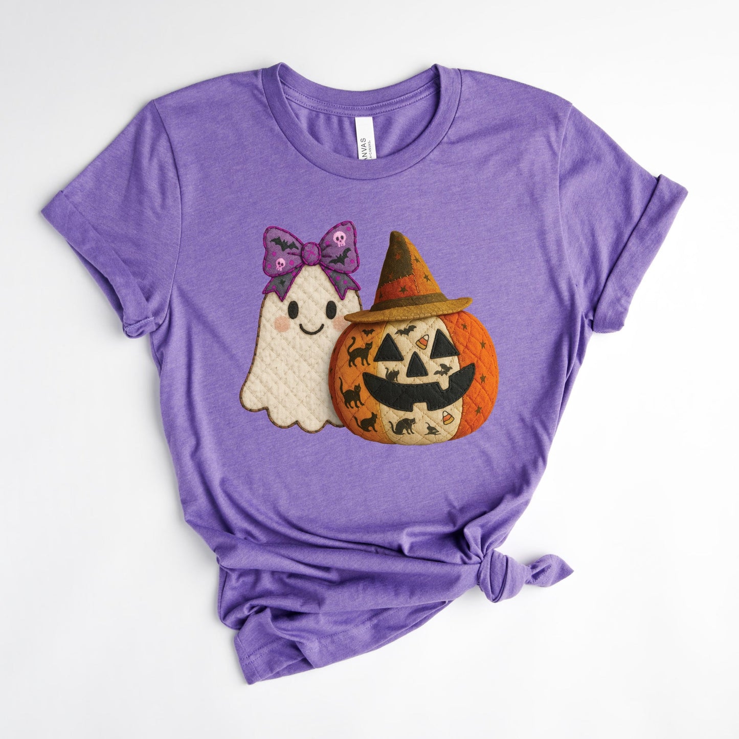 Ghost and Pumpkin Patchwork Print - Womens Short Sleeve Tee