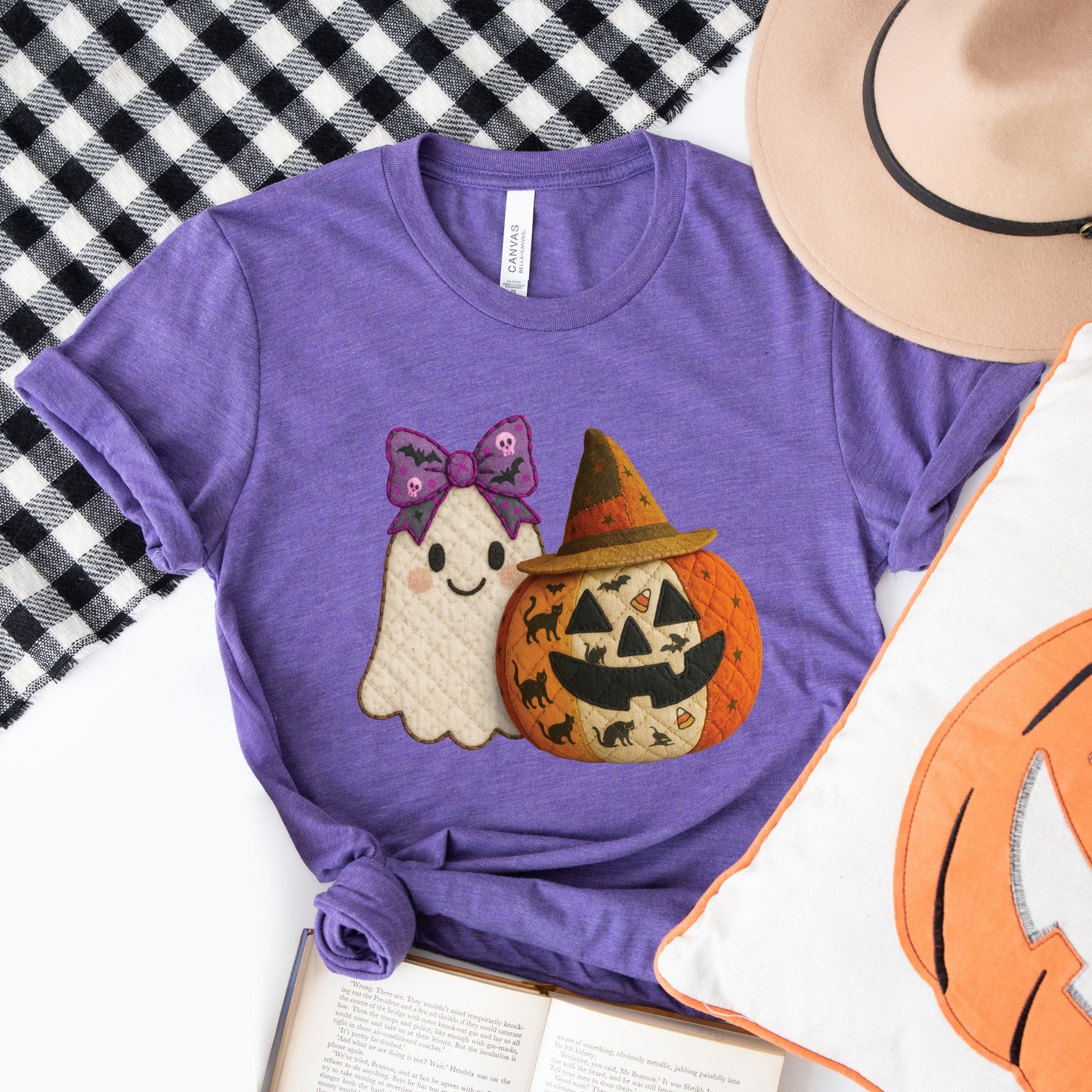 Ghost and Pumpkin Patchwork Print - Womens Short Sleeve Tee