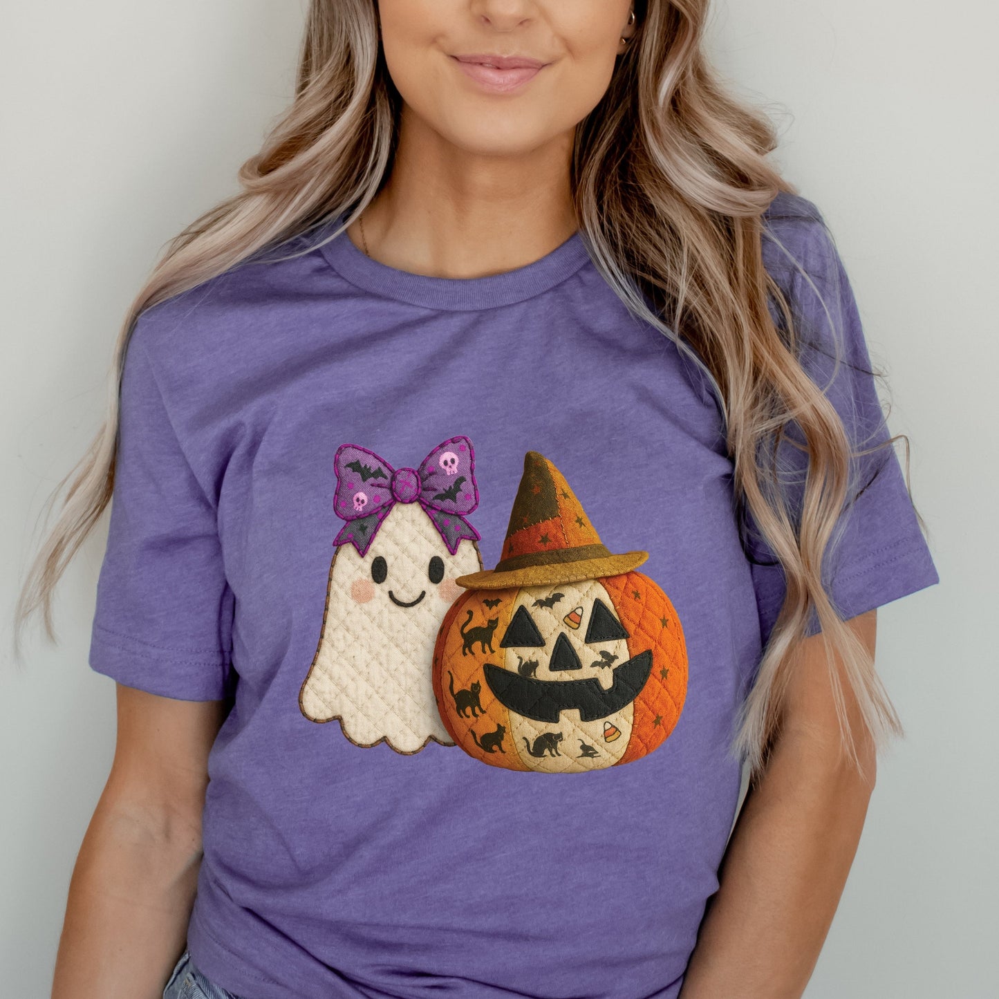 Ghost and Pumpkin Patchwork Print - Womens Short Sleeve Tee