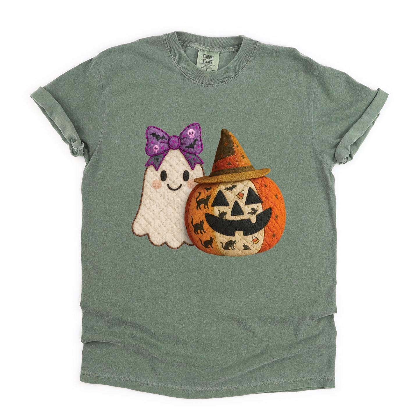 Ghost and Pumpkin Patchwork Print - Women's Garment Dyed Tee