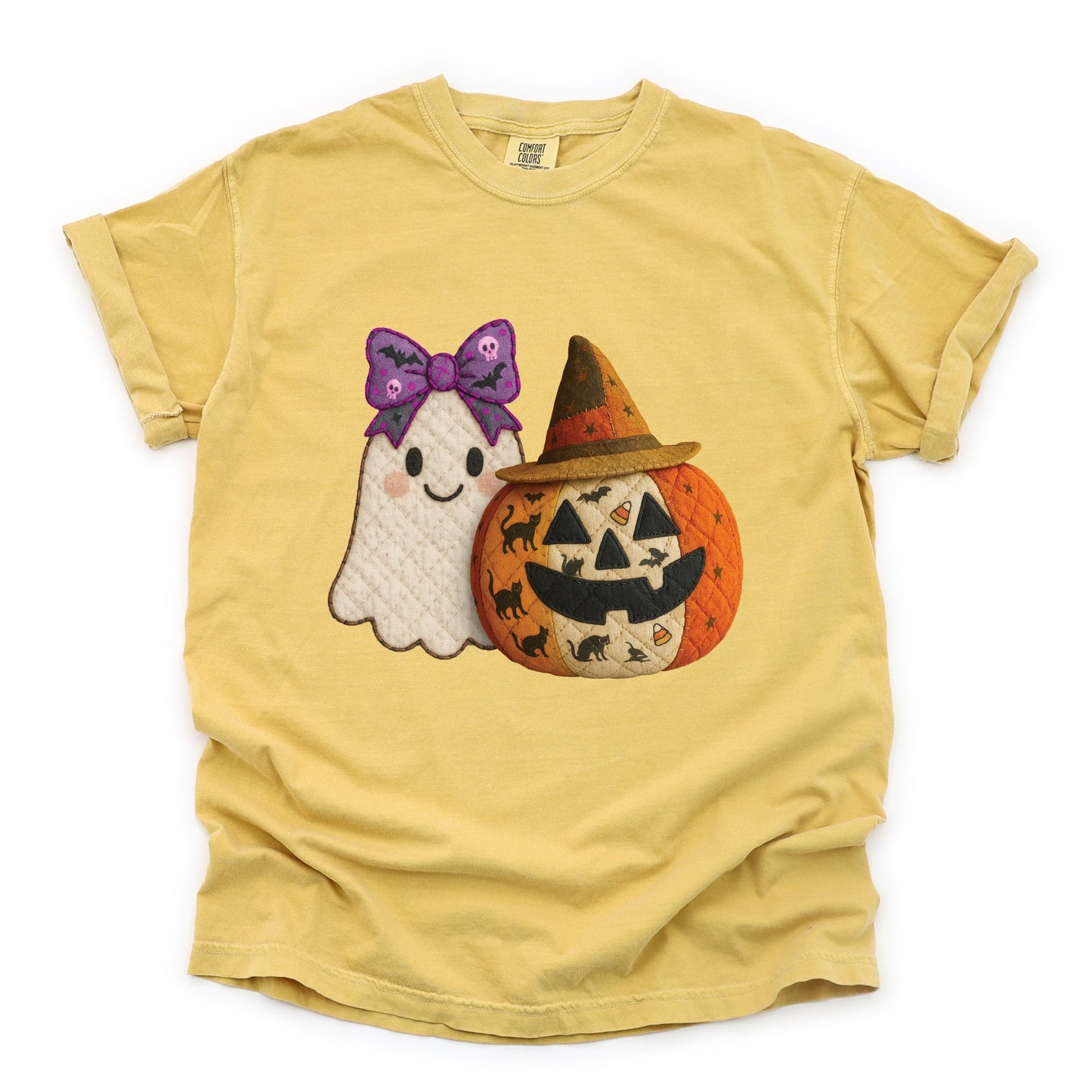 Ghost and Pumpkin Patchwork Print - Women's Garment Dyed Tee