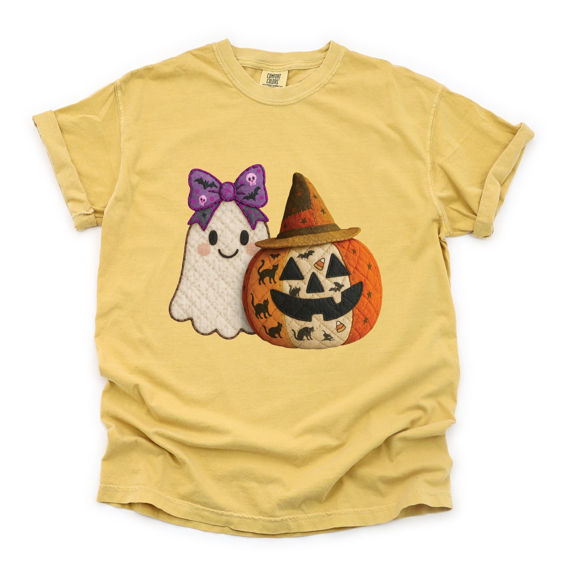 Ghost and Pumpkin Patchwork Print - Womens Garment Dyed Tee