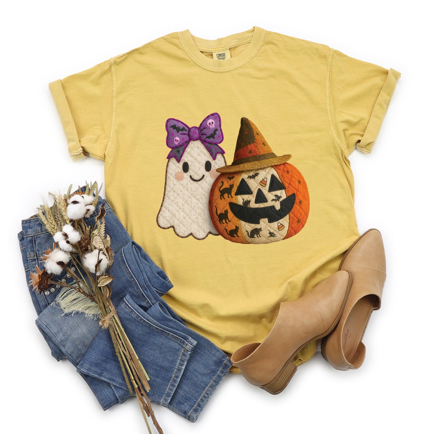 Ghost and Pumpkin Patchwork Print - Womens Garment Dyed Tee