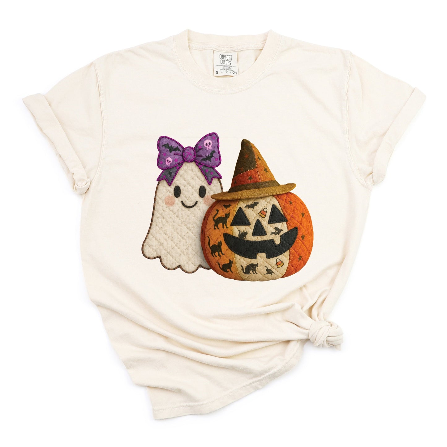 Ghost and Pumpkin Patchwork Print - Womens Garment Dyed Tee