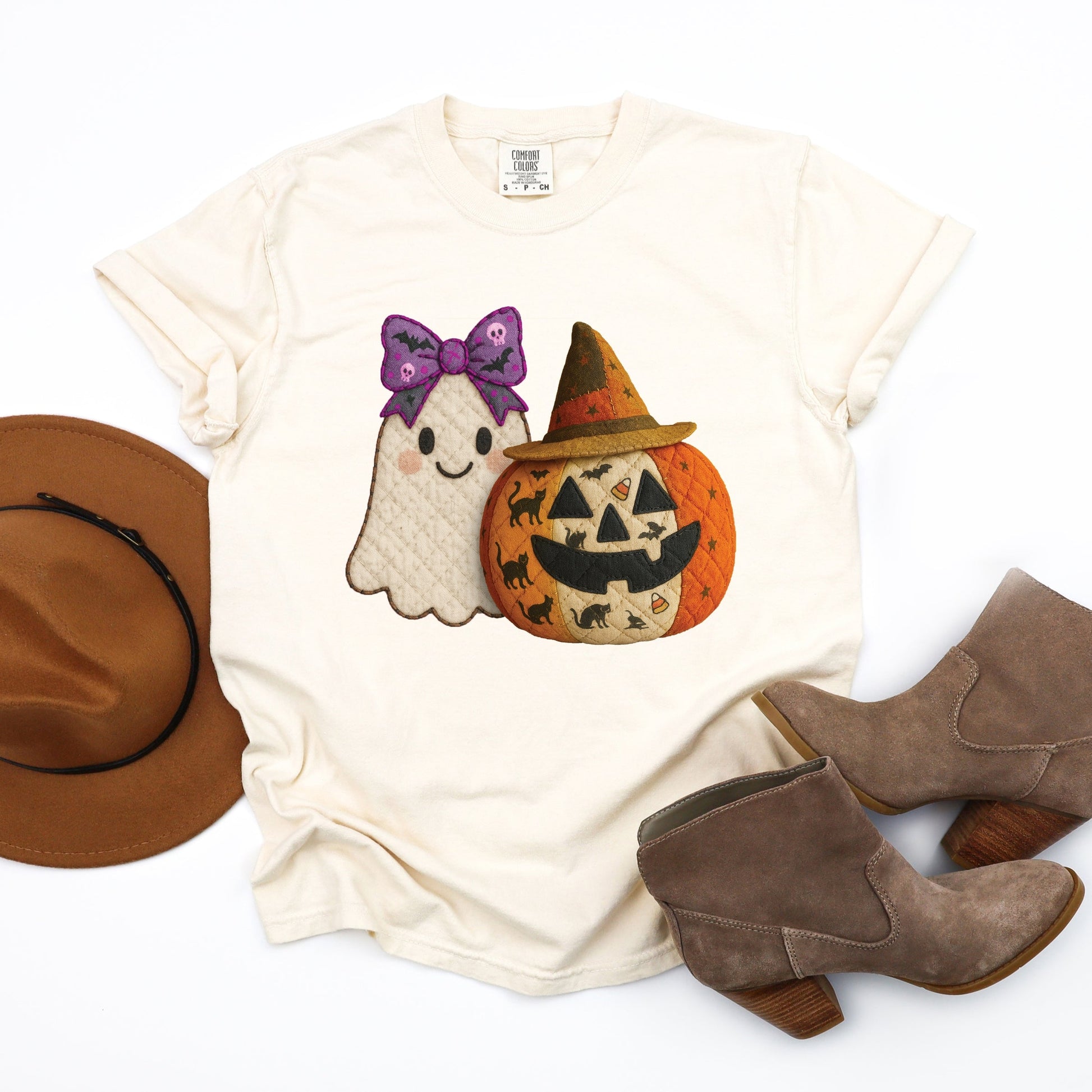 Ghost and Pumpkin Patchwork Print - Womens Garment Dyed Tee