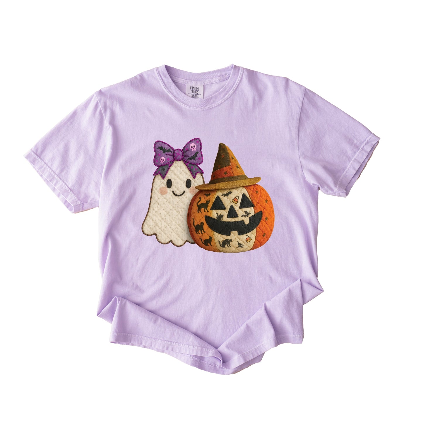Ghost and Pumpkin Patchwork Print - Womens Garment Dyed Tee