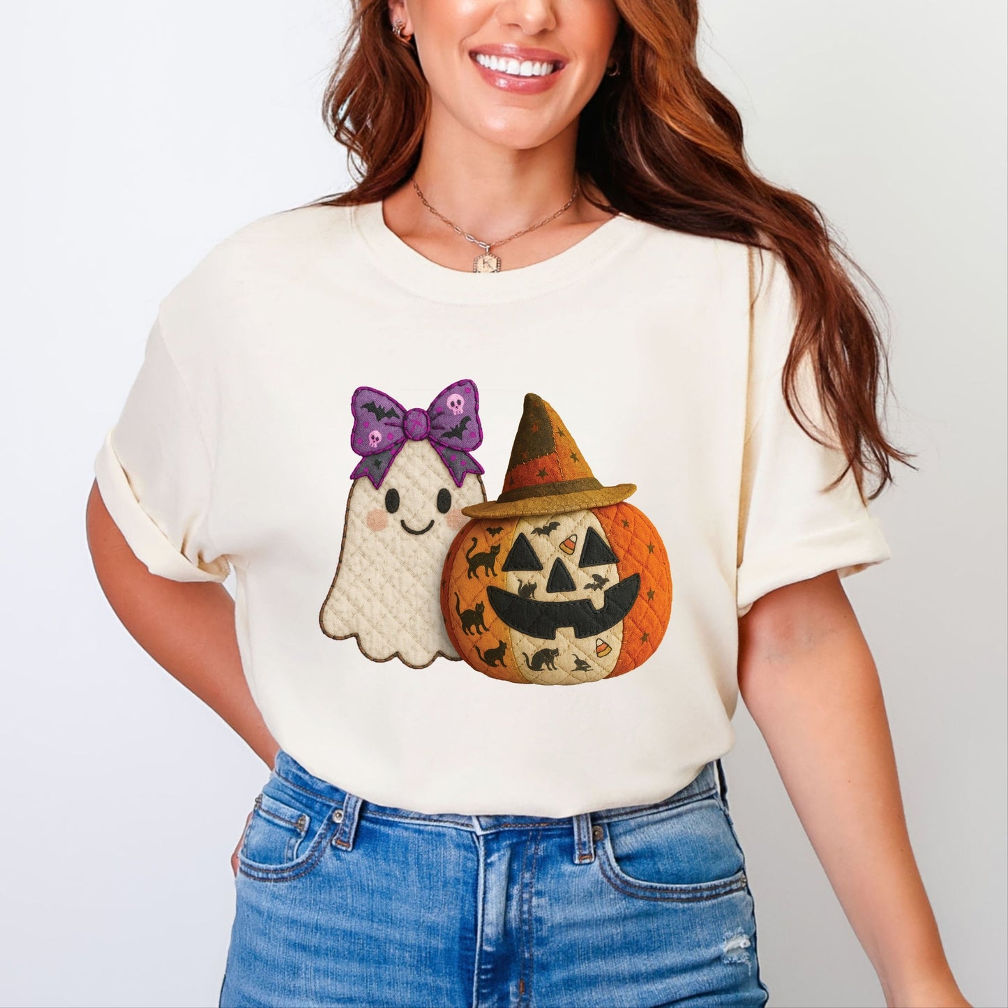 Ghost and Pumpkin Patchwork Print - Women's Garment Dyed Tee