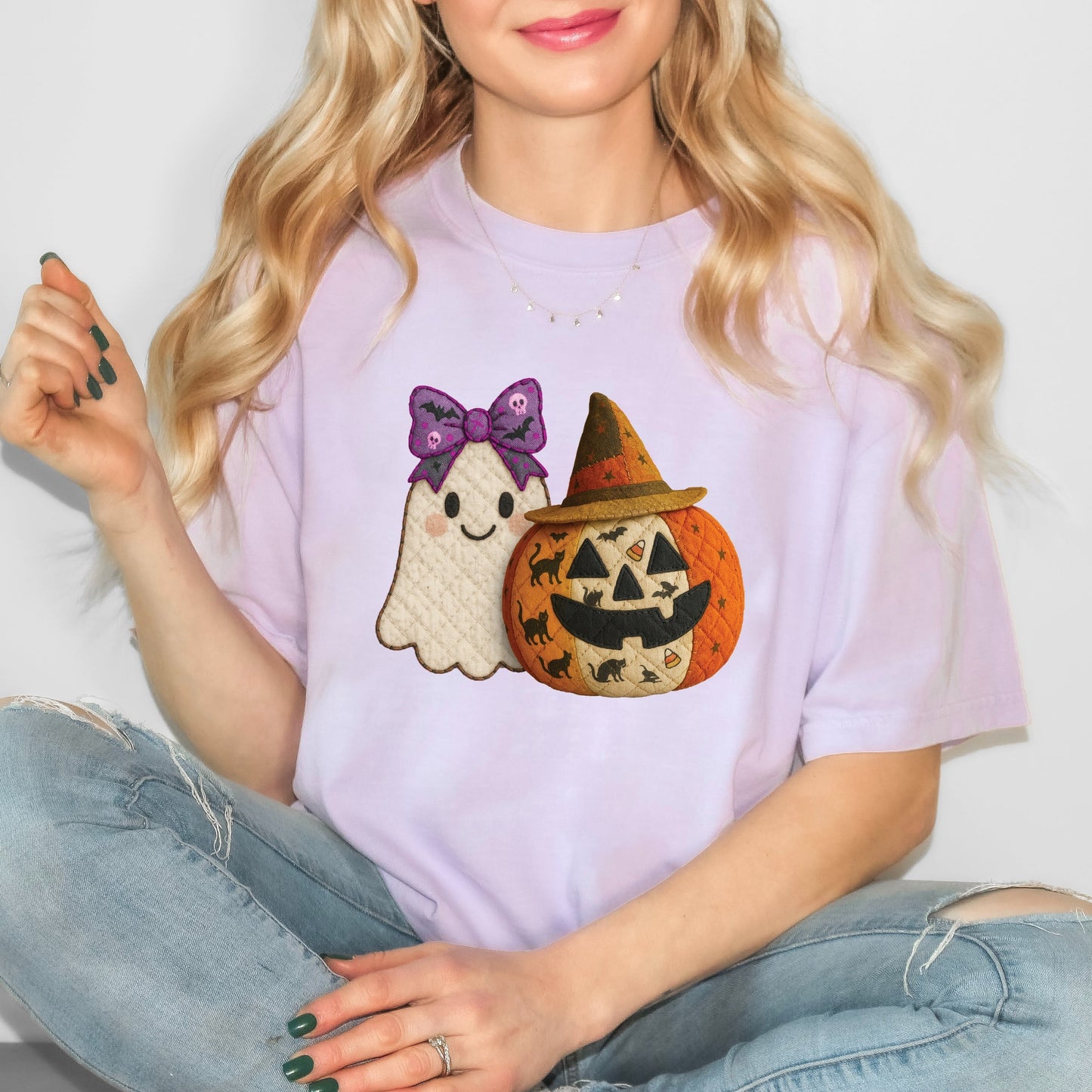 Ghost and Pumpkin Patchwork Print - Womens Garment Dyed Tee