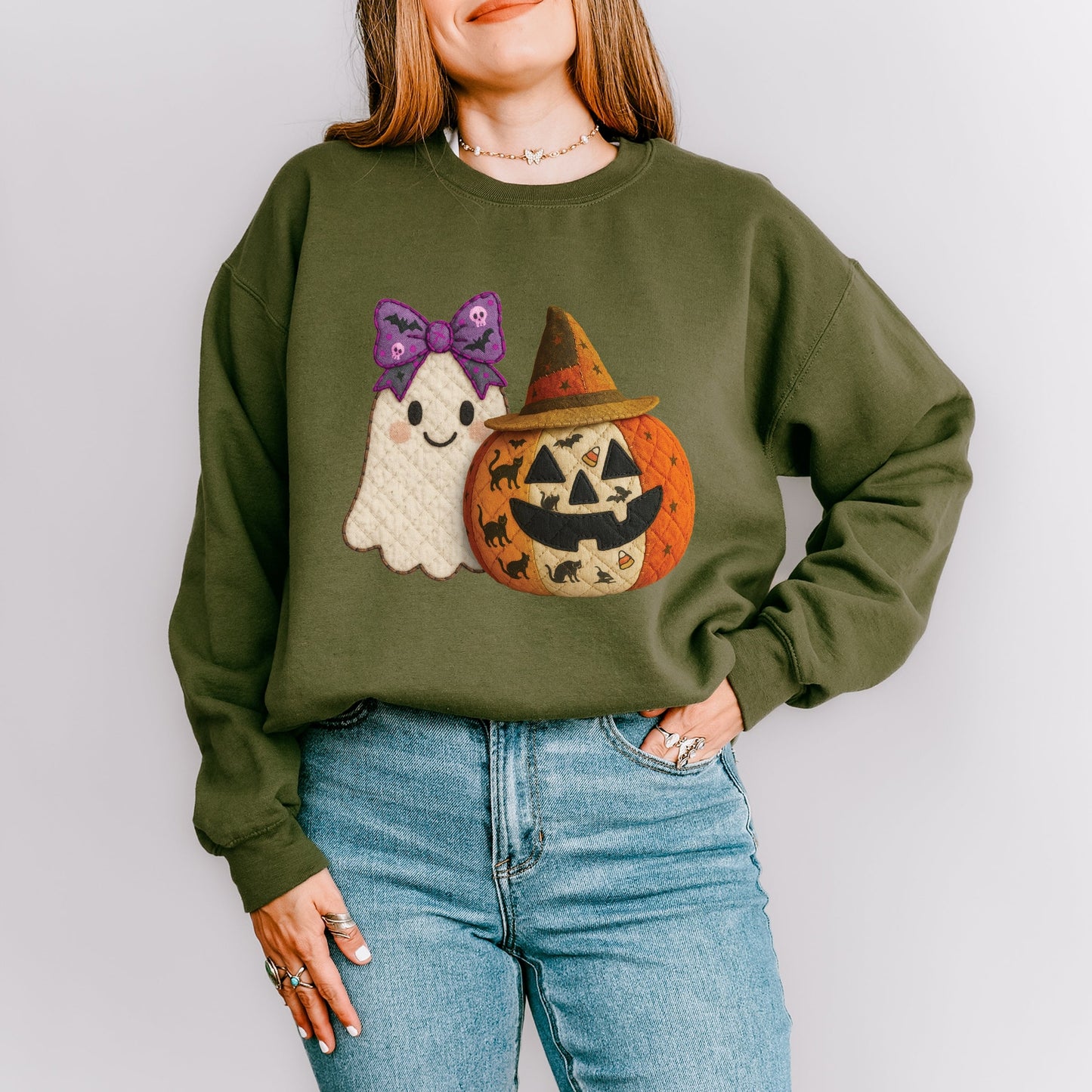 Ghost and Pumpkin Patchwork Print -  Women's Sweatshirt