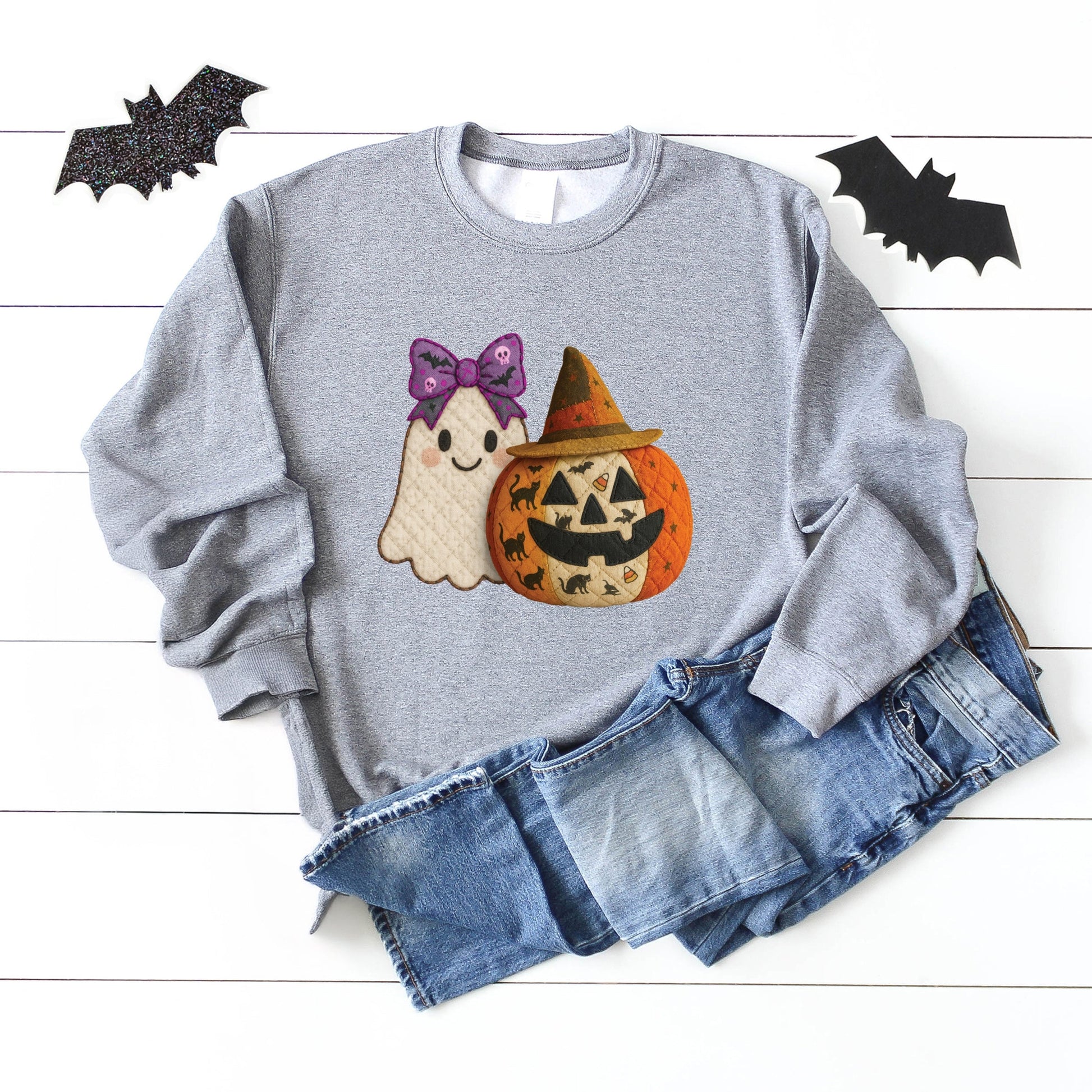 Ghost and Pumpkin Patchwork Print -  Womens Sweatshirt