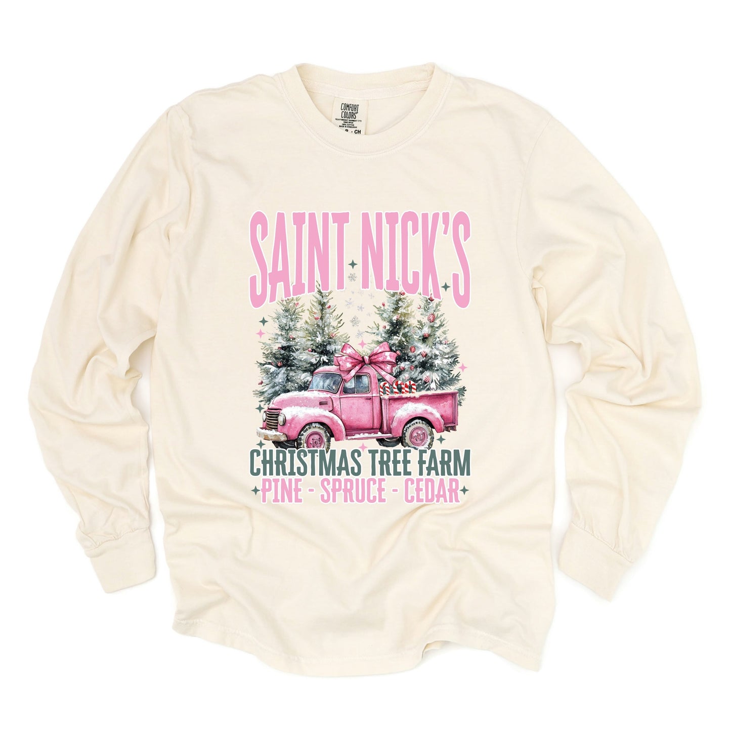 Saint Nick's Farm Truck - Women's Garment Dyed Long Sleeve Graphic T-Shirt