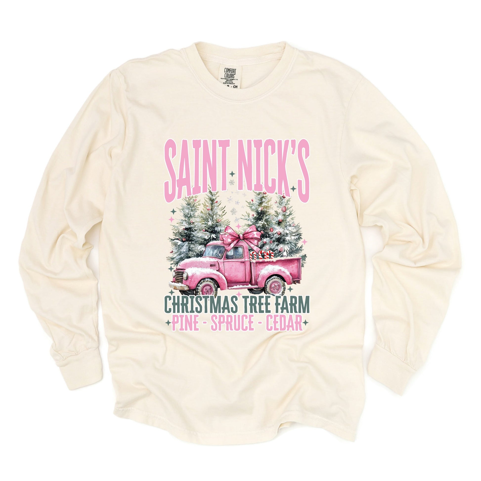 Saint Nick's Farm Truck - Women's Garment Dyed Long Sleeve Graphic T-Shirt