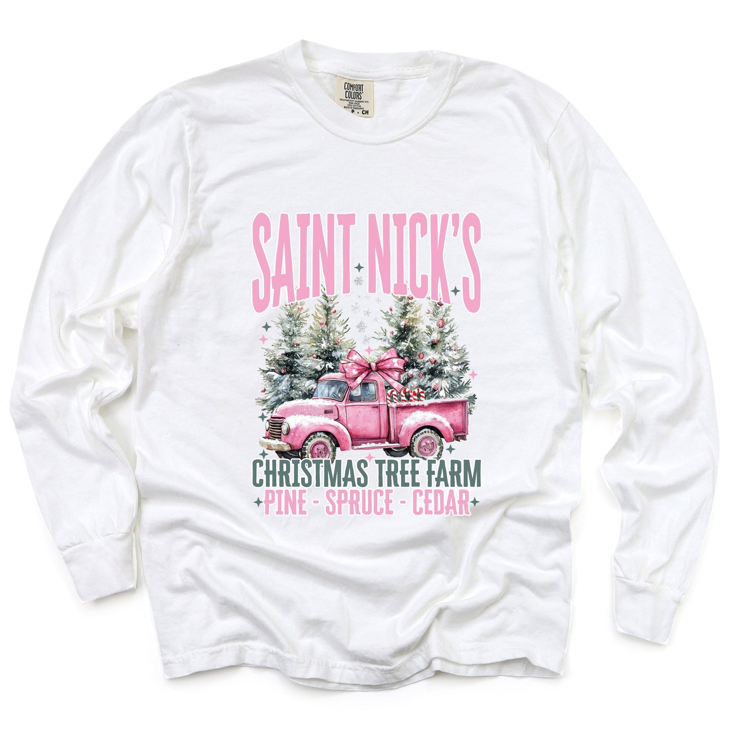 Saint Nick's Farm Truck - Women's Garment Dyed Long Sleeve Graphic T-Shirt