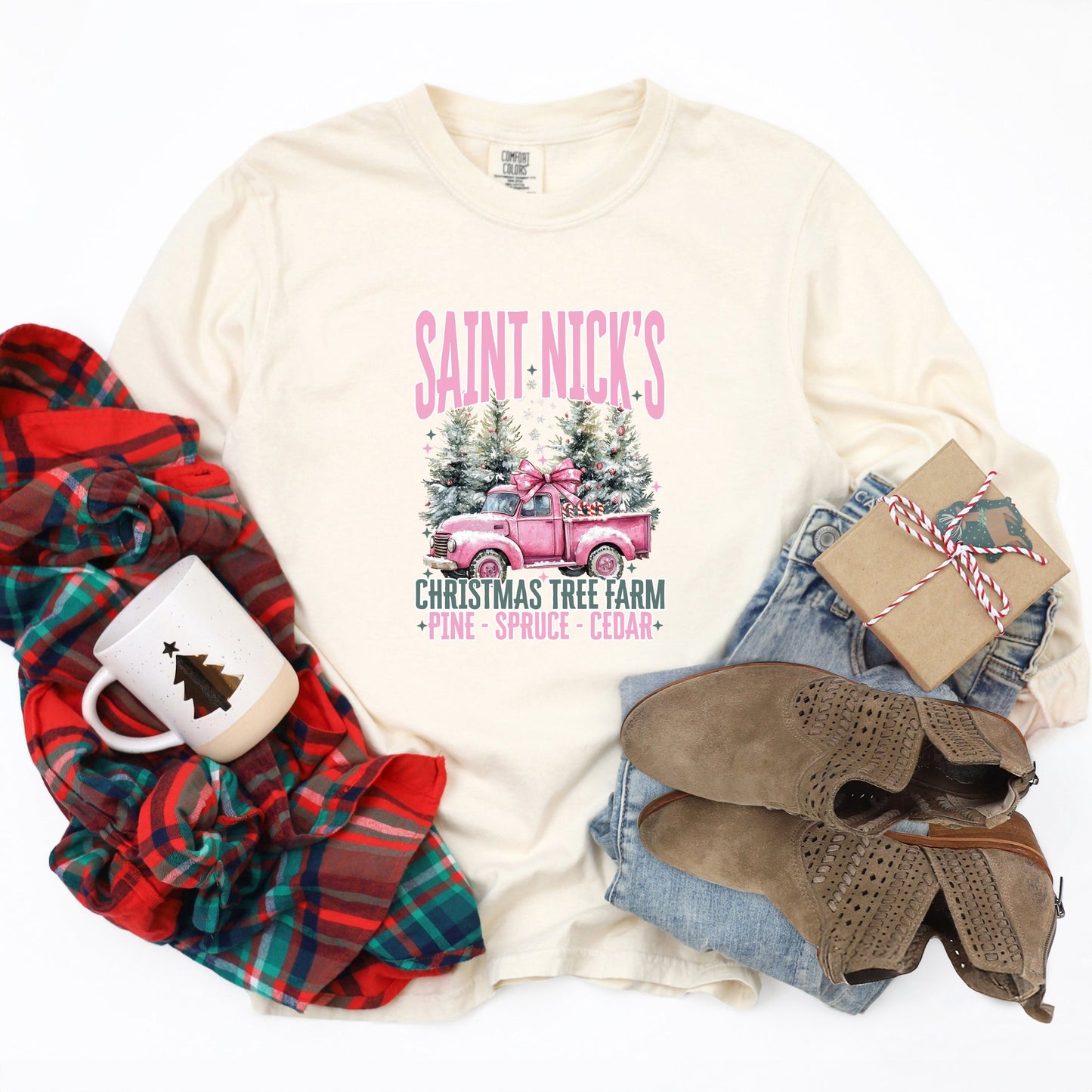 Saint Nick's Farm Truck - Women's Garment Dyed Long Sleeve Graphic T-Shirt