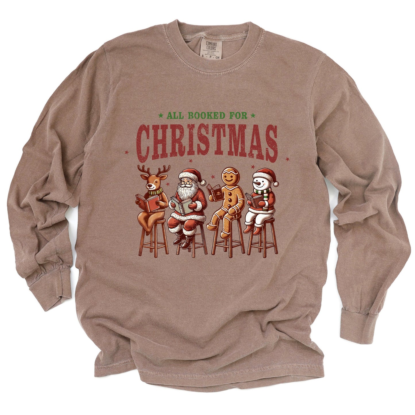 Booked For Christmas Stool - Women's Garment Dyed Long Sleeve Graphic T-Shirt